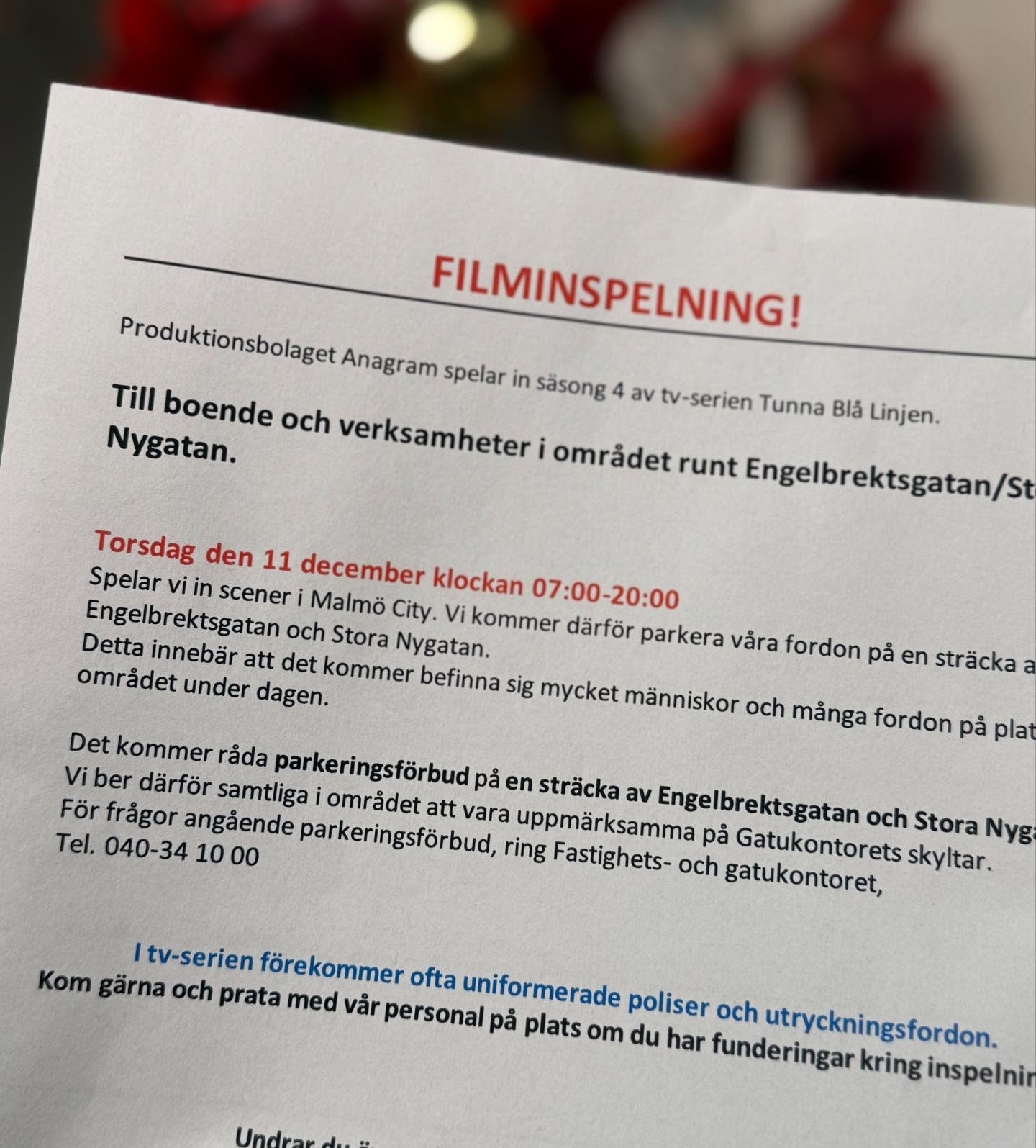 Torsdagen den 11/12 mellan kl. 07.00-20.00 kommer ”Tunna Blå Linjen” spela in scener på gatan. Det kommer vara mycket folk på gatan och råda parkeringsförbud. Till dig som ska besöka oss ber vi komma i god tid. Vi ses! 🥰 @hairbytanyaswe @jandy.1981 @malmocity