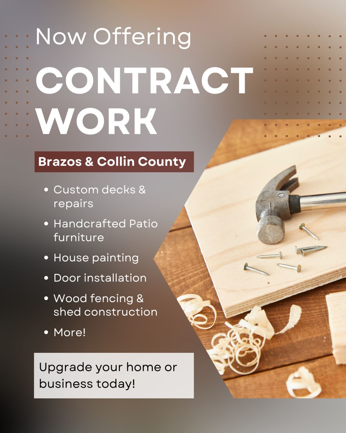Whether it’s for your home or business, we offer restoration services, painting, carpentry, and custom upgrades—if you’ve got a project you want done, use the link in our bio to get a quote today!
#contractwork #customdecks #customfurniture
