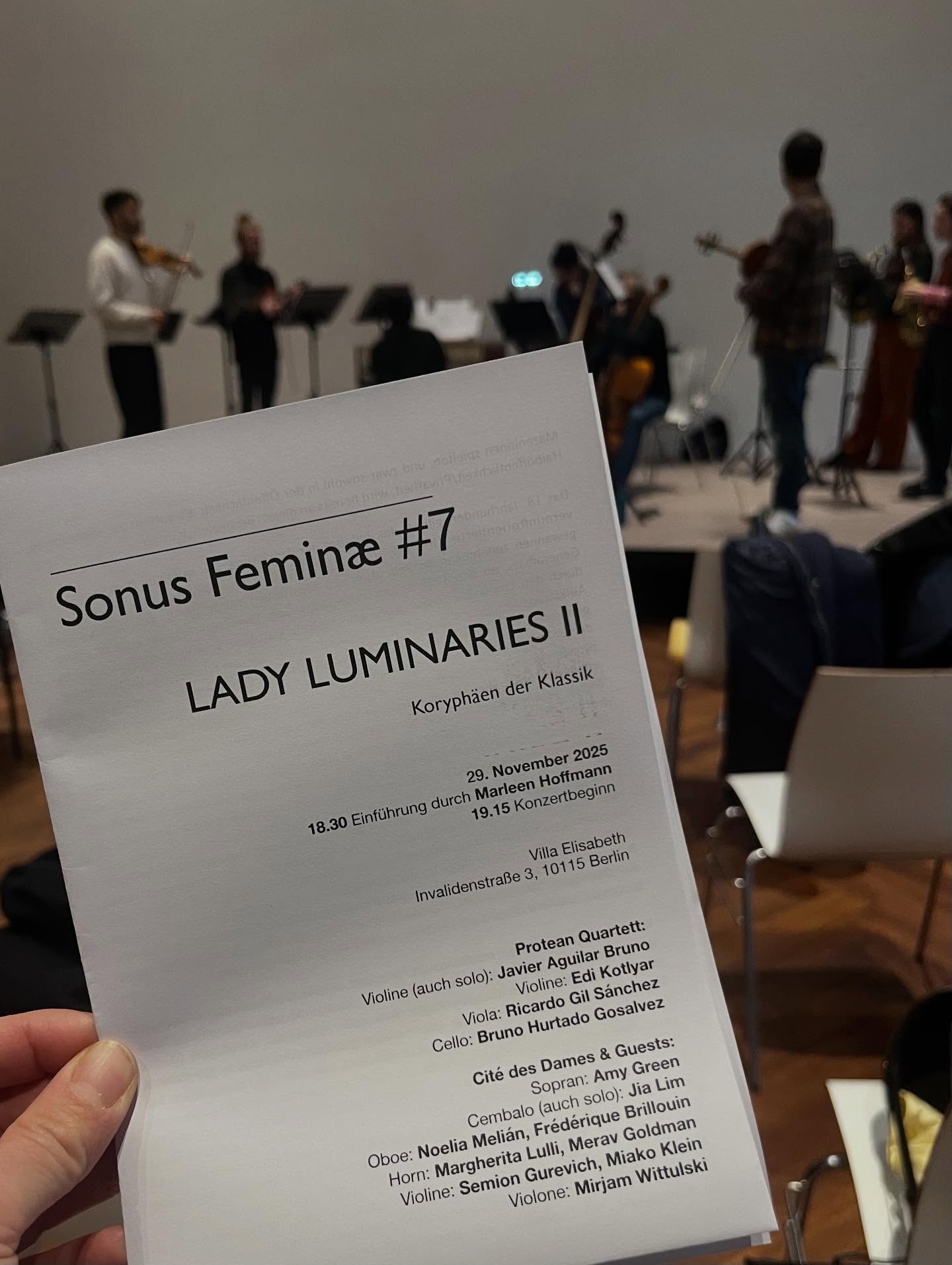 Wir freuen uns auf das letzte SONUS FEMINÆ Konzert 2025 - es wird fulminant!!
Kommt vorbei!!!
@proteanquartet @jia.keys @javier.aguilar.bruno @miakoklein @semgurevich @edikot @bruno.hurtado.gosalvez @ricardogilsanchez @noelia.melcruz @meravimusic @marghelu90 #womencomposers #komponistinnen #altemusik #earlymusic #wienerklassik #mariannamartines #maddalenasirmen #violinkonzert #stringquartet #cembalo