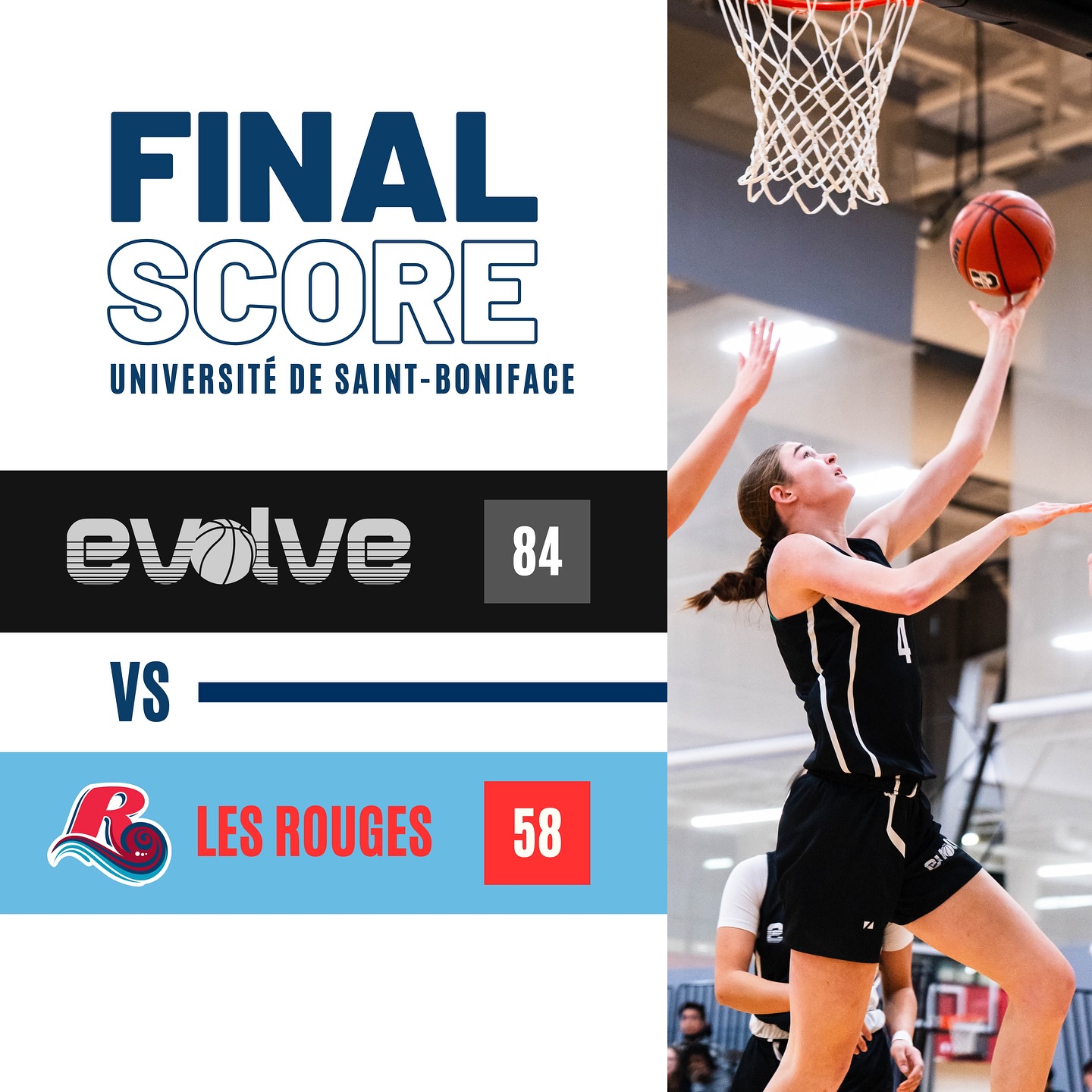 Final score from today’s exhibition between our U18 girls and Les Rouges at the University of Saint-Boniface. The girls will finish the fall season at the showcase championship next weekend.