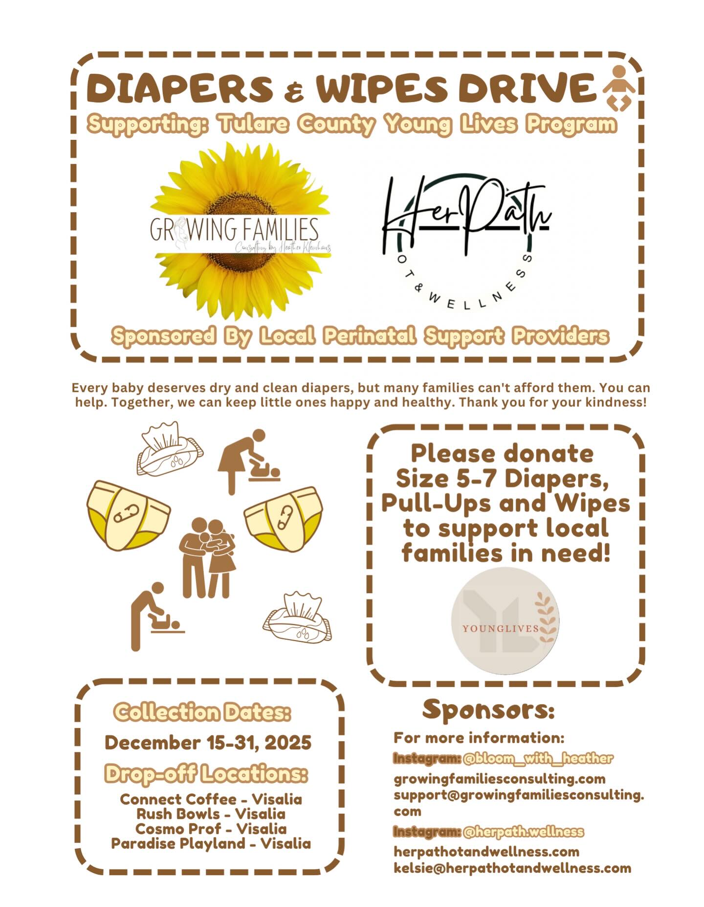 Diapers and wipes drive happening NOW! Please stop by one of our amazing drop off locations: @cosmoprofvisalia @rushbowlsvisalia @paradiseplaylandca and @connectcoffeevisalia we are looking for size 5-7 diapers and wipes of any kind to support our local Tulare County Young Lives Program. Anything is helpful, thank you so much! ❤️