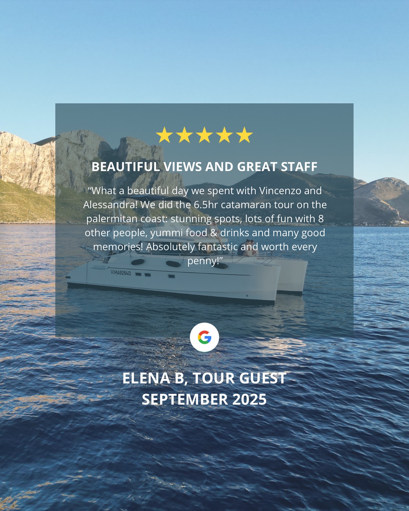 REVIEW
🇬🇧 BEAUTIFUL VIEWS AND GREAT STAFF
“What a beautiful day we spent with Vincenzo and Alessandra! We did the 6.5hr catamaran tour on the palermitan coast: stunning spots, lots of fun with 8 other people, yummi food & drinks and many good memories! Absolutely fantastic and worth every penny!”
🇮🇹 VISTE MERAVIGLIOSE E STAFF ECCEZIONALE
“Che giornata stupenda abbiamo trascorso con Vincenzo e Alessandra! Abbiamo fatto il tour in catamarano di 6 ore e mezza lungo la costa palermitana: posti mozzafiato, tanto divertimento con altre 8 persone, cibo e drink deliziosi e tantissimi bei ricordi! Assolutamente fantastico e vale ogni centesimo!”
#boatlife #boatday #catamarantrip #seavibes #wanderlust #travelgram #summervibes #travelitaly #experienceofalifetime