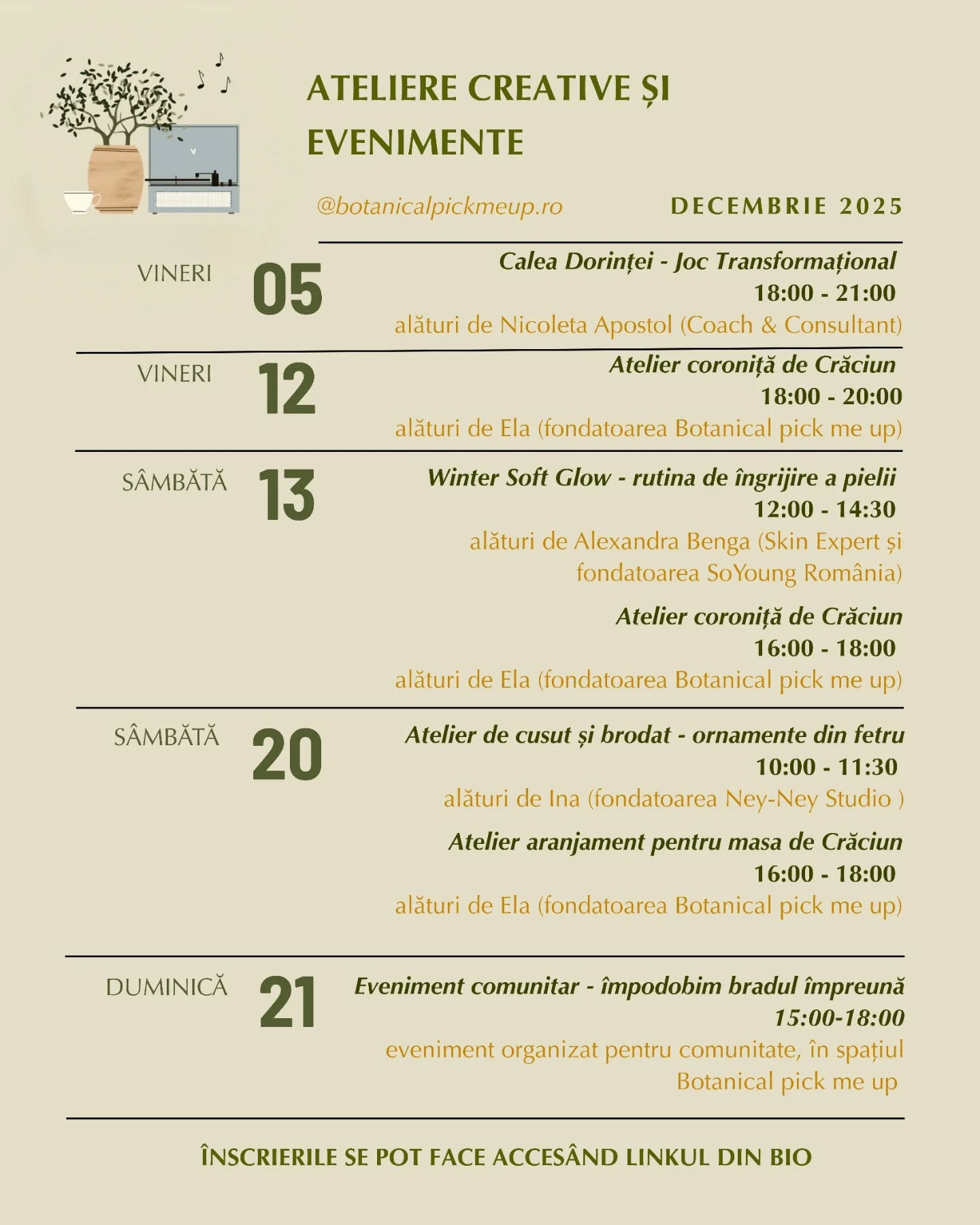 Decembrie alături de noi înseamnă discuții care inspiră, ateliere creative și întâlniri care aduc oamenii împreună.
Te invităm să vii alături de noi, într-un ritm mai calm și mai conștient de perioada aceasta frumoasă a sezonului. ✨️🕯🌲
Înscrierile la ateliere sunt deja active și le găsiți adunate în linkul din bio. 💌
#community #atelierecreative #creativeworkshops #botanicalpickmeup_ro