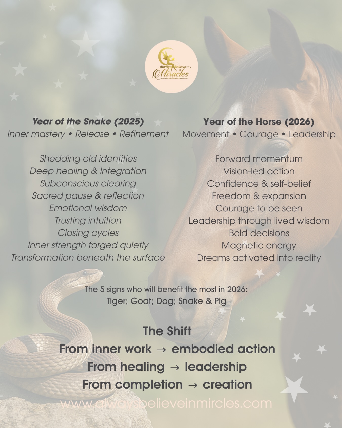 2026 — Year of the Horse 🐎
The year your visions stop waiting and start moving.
The Snake didn’t rush you.
It took you inward.
It stripped away what was no longer true.
Year 9 was never about action.
It was about release, recalibration and soul-level honesty.
Old identities shed.
Old habits dissolved.
Old timelines completed.
You were asked to trust the pause, to sit with the shadow, to heal beneath the surface before stepping forward renewed.
And now — that wisdom moves.
FROM SNAKE TO HORSE ✨
What the Snake uncovered, the Horse activates….
2026 is Year 1.
A beginning.
A launch point.
A return to movement after deep stillness.
The Horse gallops with clarity — not blindly, but guided by everything the Snake revealed.
This is the year where vision becomes direction, healing becomes leadership,
inner work becomes embodied action and dreams stop circling and start manifesting.
THE ENERGY OF 2026 🐎
This is not subtle energy.
This is momentum.
You’re invited to lead from lived wisdom,
take up space without apology,
move decisively toward what you already know is meant for you,
and trust your instincts and timing.
The Horse doesn’t wait for permission.
It responds to the call within.
THE SHIFT ✨
From inner work → embodied action
From healing → leadership
From completion → creation
This is the year you don’t just see the vision…
you make it real.
✨ Join me live online as we step into this energy together ✨
🗓 1/1/2026 | 9pm (UK) | Zoom
Step into the 1/1 Portal
Welcoming 2026 with Light & Intention
A powerful live Zoom session to anchor clarity, vision and soul-led direction for the year ahead.
🗓 17 February 2026 | 9:30–11pm (UK) | Zoom
Welcoming the Year of the Horse
Live Online Workshop
Created especially for those unable to attend the in-person event — a deep energetic initiation into Horse-year momentum, courage, and leadership.
More details on the Zoom or in person events, just message 💚✨
Much love
Natasha
#zoom #onlineworkshop #yearofhorse #year1 #portal #11 #2026