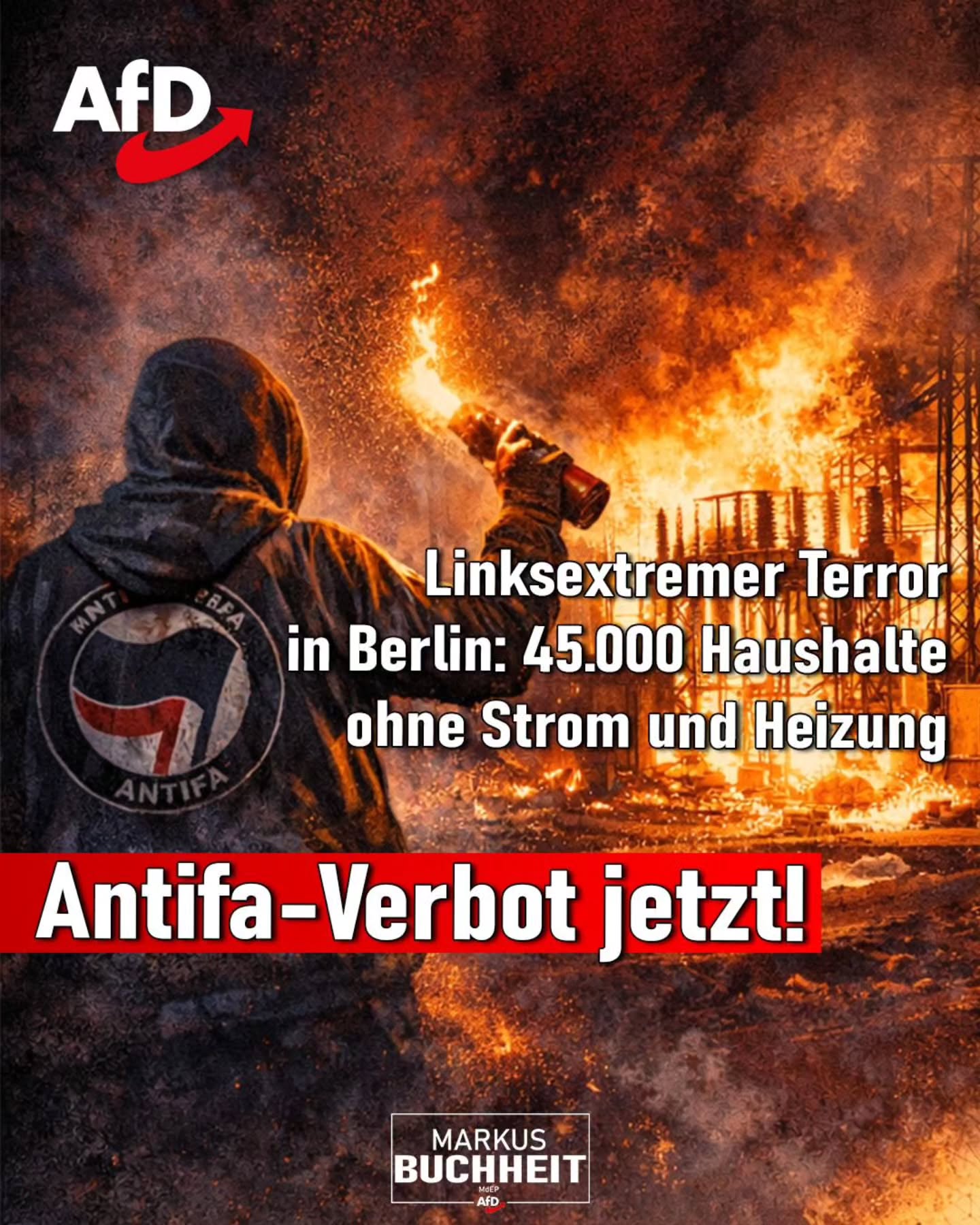 Linksterrorismus setzt Deutschland in Brand.
Während die Regierung die AfD verfolgt und Millionen ehrlicher Bürger als „Extremisten“ diffamiert, kann die radikale Linke völlig unbehelligt agieren.
Antifa-Anhänger haben in Berlin kritische elektrische Infrastruktur in Brand gesetzt.
👉 45.000 Haushalte waren mitten im Winter ohne Strom oder Heizung.
👉 Kommunikation und Notfalldienste wurden beeinträchtigt.
Das ist politischer Terrorismus!
Die Fragen liegen auf der Hand:
Wann bezeichnen wir die Antifa endlich als das, was sie wirklich ist: eine terroristische Organisation?
Warum ist die CDU-geführte Regierung und ihre Koalitionspartner hart gegen friedliche Patrioten, aber schwach gegenüber linksextremen Gewalttätern?
Deutschland braucht Recht und Ordnung.
Keine Nachsicht mehr für jene, die unser Land von innen zerstören wollen.
🇩🇪 Sicherheit für gesetzestreue Bürger. Null Toleranz gegenüber Antifa-Terroristen.