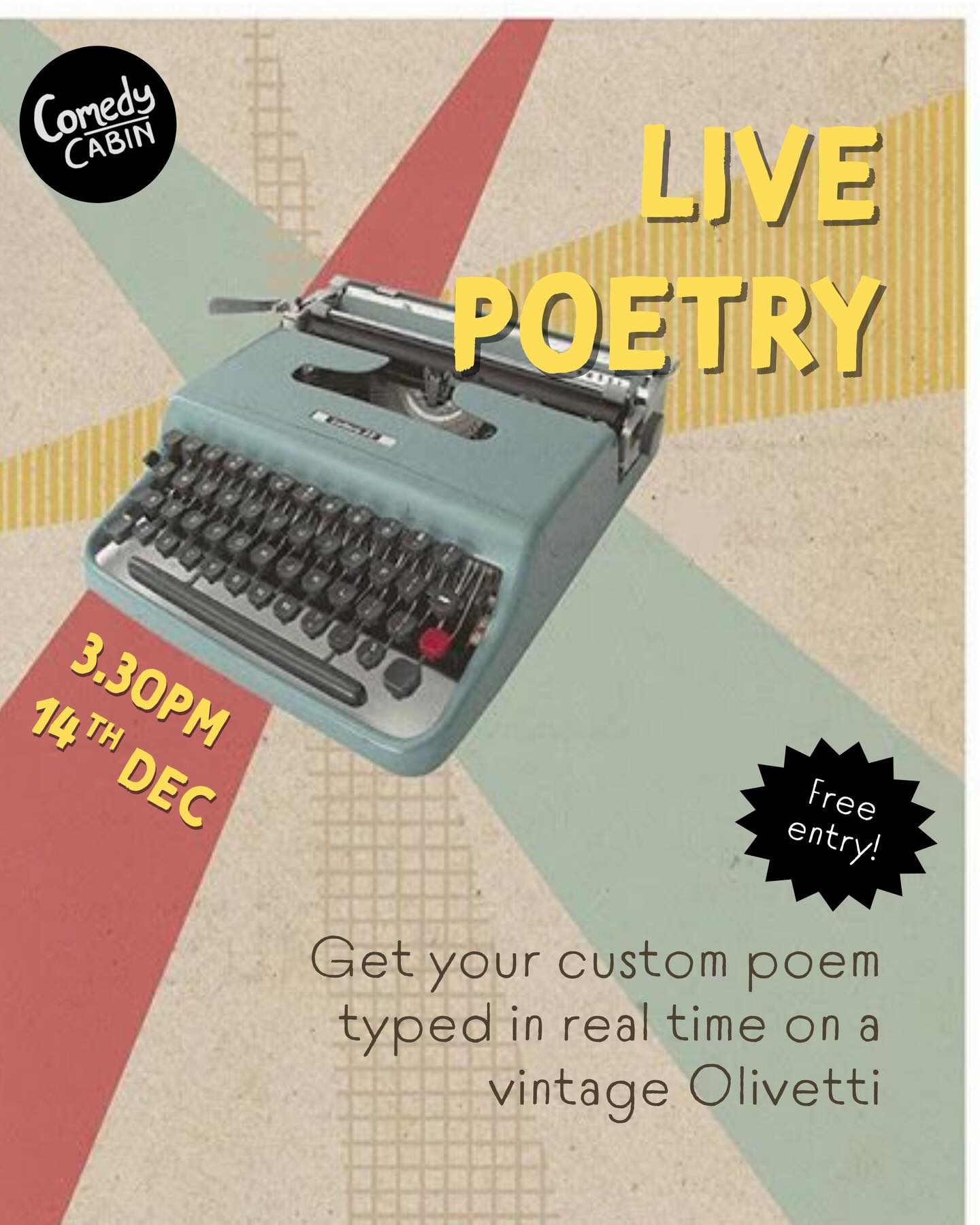 ๐ธLIVE POETRY SHOW๐ธ
Join award-winning poet Lucia Morciano for a unique experience where your stories become poetry.
Bring a fragment of your life โ it returns to you transformed, reborn as a custom poem typed live on a baby-blue Olivetti Lettera 22 and gifted on handmade flower-paper.
โผ๏ธ14th December โข 3.30pm โข Free entry
โ Tickets ยฃ0 in bio @hoxtoncabin โ
#livepoetry #hoxtoncabin #shoreditch #londonpoetry