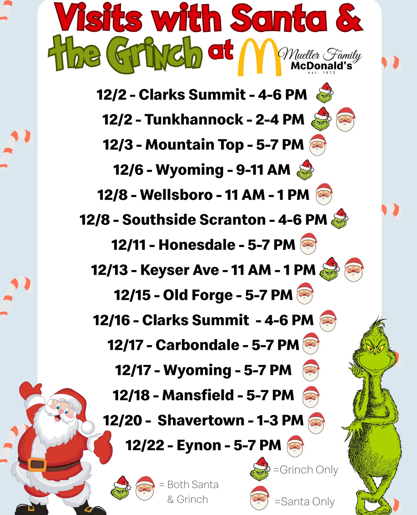 Santa and the Grinch are clocking in for their holiday shifts at a Mueller Family McDonald’s near you!🎅💚
Bring the kids, grab a $2.99 happy Meal, and come make some December magic with us! ✨
Free activities for kids + take your own photos! 📷️
