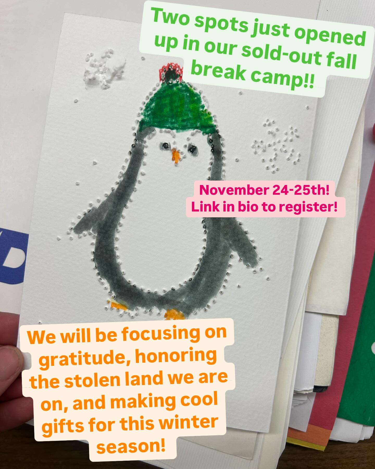 Hey hey!! Guess what?!? We just had two spots in our sold-out fall break camp open up! Camp is 9-4 next Monday and Tuesday. Click the link in our bio to find out more and to register!