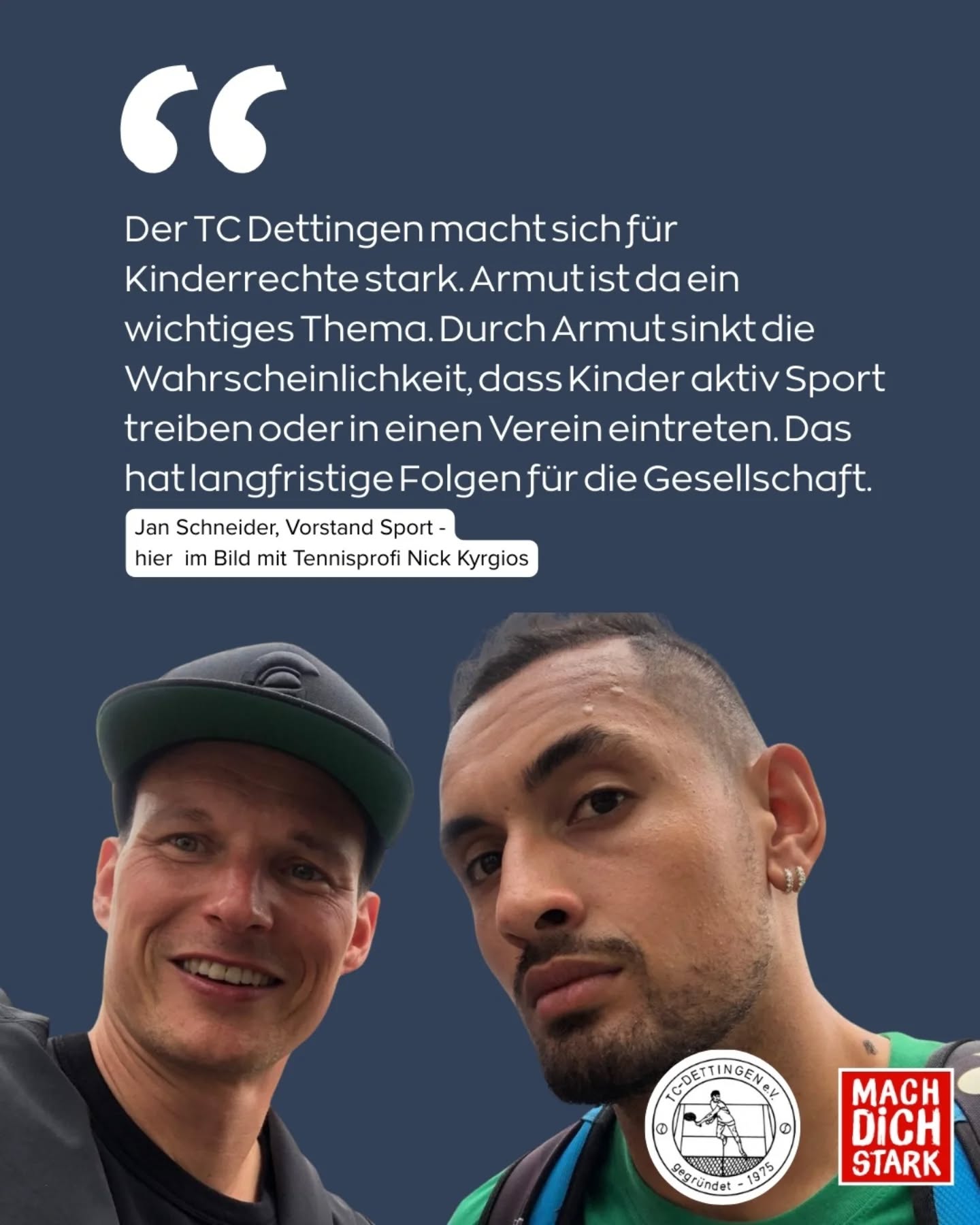 Mit der Teilnahme an der Aktionswoche der Kampagne MACH DICH STARK der Caritas vom 17.-23.11.2025 machen wir auf die Lebenslage von bis zu 20% der Kinder in Baden-Württemberg aufmerksam. Jedes 5. Kind lebt in Armut oder ist armutsgefährdet. Diese Kinder können sich häufig keine Mitgliedschaft in einem Sportverein leisten. Mit regelmäßigen Maßnahmen im Tennisclub Dettingen möchten wir Vorurteile abbauen und möglichst allen Kindern und Familien das Recht auf Bewegung und gesunde Entwicklung ermöglichen. Der TC Dettingen setzt sich seit über 20 Jahren für Kinderrechte ein und ist seit 2021 Netzwerkpartner von MACH DICH STARK.
#starkmacher #tcdettingen #tennis #bewegung #Kinderrechte