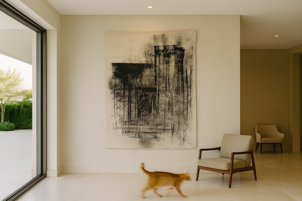 This is crazy / ink and charcoal
There is something beautiful about watching a piece that started with a moment of release take on a life inside a home. The textures, the words, the silences between the strokes become part of the architecture. It’s art that doesn’t just decorate, it shifts the atmosphere.
#CollectibleArt #DesignWithArt #luxuryi̇nteriors
ArtForInteriors CollectibleArt DubaiArtist