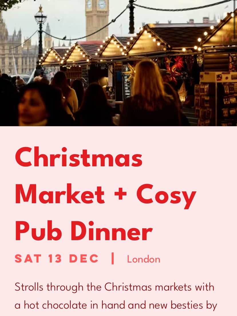 IT’S TIIIMMEEE ✨🎶🎄
If you’re on the Rove & Frolic WhatsApp chat, you would have gotten first dibs on these tickets (which is your sign to get added to the chat if you’ve previously attended an event). But, you may have noticed I very casually opened up registration to the public not too long ago. 😏 So, consider this your official reminder to sign up to our December social which involves Christmas markets, hot chocolate, shopping, a cosy pub meal + extra prizes and goodies (if you’re on the nice list, of course). It’s such a sweet and memorable way to meet new people & experience the joy of Christmas in London. ❤️🎄 We can’t wait to see you there!
Spaces are limited. Sign up via the link in bio 💌