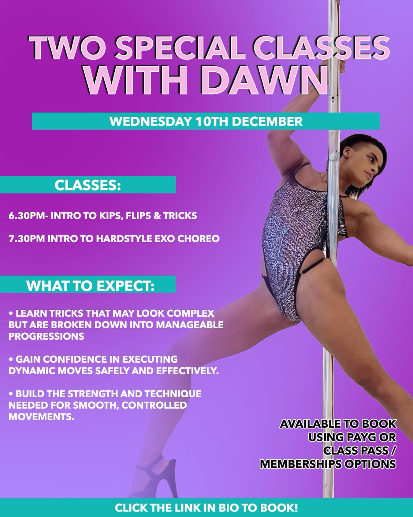 🔥 Special sessions with Dawn-don’t miss your chance to book 🎟️
Intro to Kips, Flips and Tricks
ℹ️ For those confident with basic inverts, leg hangs and climbs. Build strength and control for clean, powerful dynamic movement. Heels and kneepads required.
Intro to Hardstyle Exo Choreo
ℹ️ For inverter level and above with Dance or Heels experience. Fast-paced, musical and full of Dawn’s signature power. Heels and kneepads required.
🎟️ Book with PAYG, Class Pass or Memberships. Link in bio.