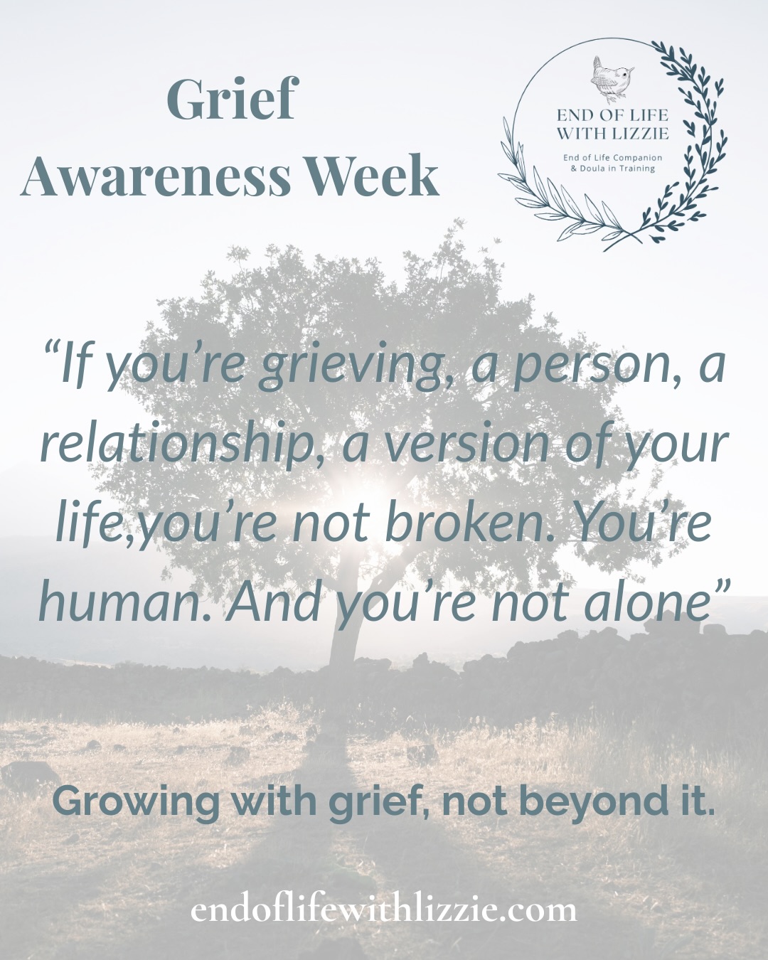 #griefawarenessweek
Grief isn’t something we get over. It’s something we grow around.
This week, and every week, I honour the truth that grief is a lifelong companion: shifting, softening, reshaping us as we learn to live alongside the love we’ve lost.
Rituals, remembrance, connection, and compassion help us carry it with tenderness instead of pressure.
If you’re grieving a person, a relationship, a version of your life, you’re not broken. You’re human, and you’re not alone.
#GriefAwarenessWeek
#GrowingAroundGrief
#LivingWithLoss
#GriefJourney
#GriefSupport
#GriefEducation
#EndOfLifeDoula
#DeathDoula
#EndOfLifeWithLizzie
#HoldingSpace
#CompassionateGrief
#RitualsOfRemembrance
#ContinuingBonds
#GriefIsLove
#LoveAndLoss
#GriefAndHealing
#DyingDeathGrief
#BereavementSupport
#ItsOkToGrieve
#honouringourlovedones