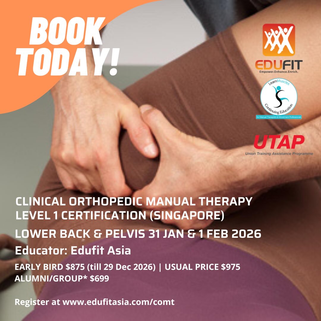 Hello Everyone!
Clinical Orthopedic Manual Therapy for Lower Back and Pelvis Level 1 Certification (Singapore) is open for registration!
Date: 31 JAN & 1 FEB 2026
Educator: Edufit Asia
Clinical Orthopedic Manual Therapy (COMT) is not a new technique that offers cookbook solutions.
The goal of COMT Certification is to empower the therapist/trainer/instructor to think critically and then creatively apply their assessment and treatment techniques.
The course marries together the fundamental techniques that underlie manual and movement therapies, with the known principles of kinesiology, in other words, neuro-myo-fascio-skeletal anatomy and physiology.
โข Palpation and orthopedic assessment,โจโข body mechanics,โจโข soft tissue manipulation (massage),โจโข myofascial stretching (basic and advanced techniques),โจโข arthrofascial stretching (AFS: Grade IV joint mobilization for manual therapists),โจโข hydrotherapy,โจโข treatment strategy
โจโฆare all woven into each of the five hands-on workshops.
Completion of any and all of the five Level 1 hands-on workshops as part of the full COMT Certification will refine how you apply your techniques in clinical orthopedic manual and movement rehabilitative care, thus distinguishing you in your practice!
To further enhance your competencies, we are conducting Level 2 workshops in 2026 in Singapore!
Promos are ON NOW! Hurry and book your slot! UTAP funding approved and pay by 2 instalments! Click on link in bio for more info and to book today!
#learnmuscles #fitsg #FitnessSG #singapore #sgfitness #sportsphysiotherapy #sportsg #singaporesportshub #sgchiropractor #sgphysio #physiotherapy #singaporedoctors #sportsg #sportsmassagetherapy #sgsportsmedicine #sportsmedicine #singhealth #muscles #myofascial #softtissuetherapy #jointmobility #sportsmassagetherapist #malaysiaphysiotherapy #malaysiaphysiotherapystudents