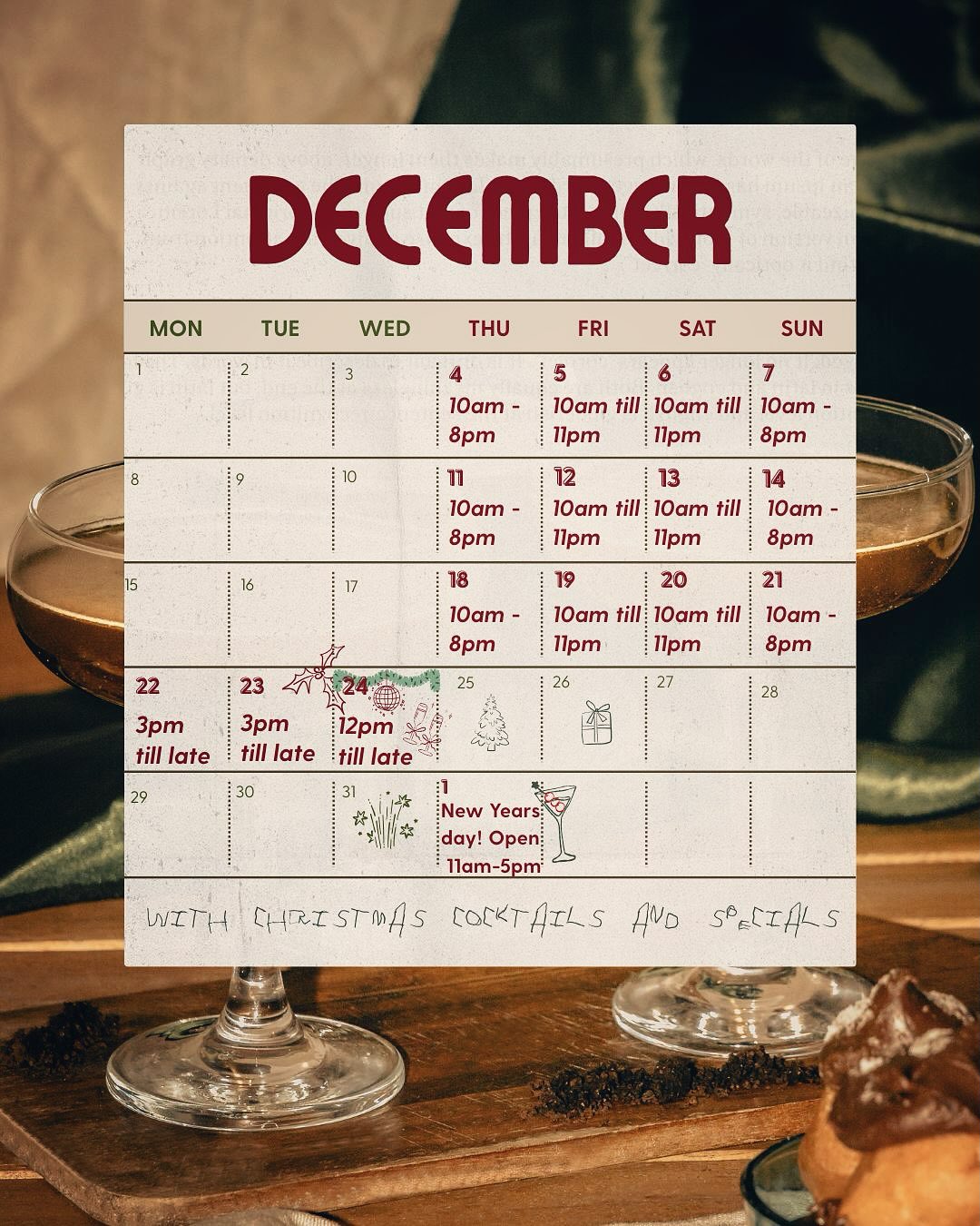 We’re open our usual Thursday–Sunday on a walk-ins only basis all through December, plus a few extra cosy days leading up to Christmas.
🎄 Christmas Eve - join us for a small, impromptu little festive party from 12pm till late. Expect warm vibes, candles, vinyl, and a couple of special Christmas cocktails just for the evening.
🥂 New Year’s Day - we’ll be open 11am–5pm for drinks only, the perfect gentle way to ease into 2026.
Swipe to see the full calendar and come get festive with us — we can’t wait to see you.
✨🍷