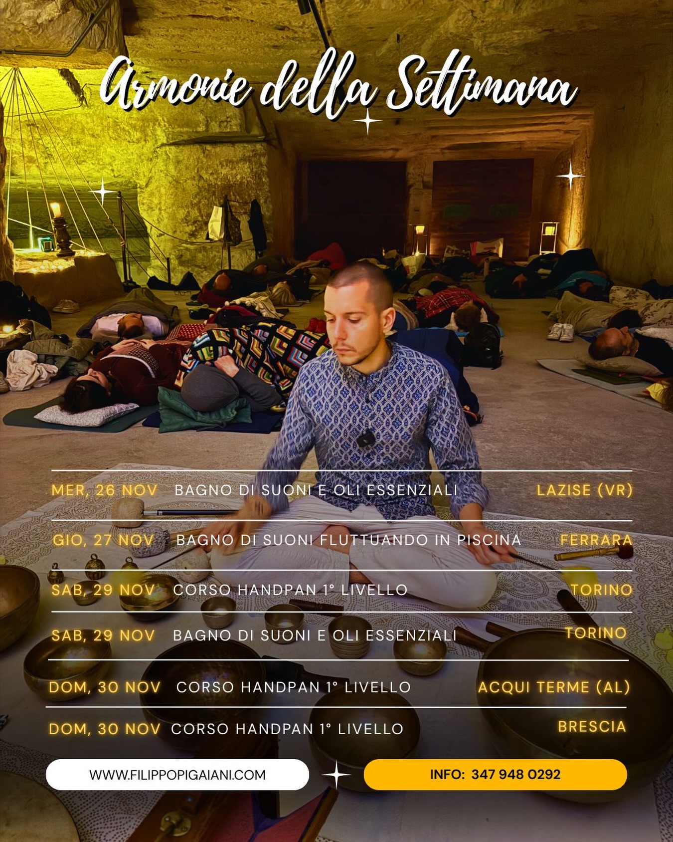 🗓️La programmazione settimanale
🟢 MERC, 26 nov alle 20:30
Lazise (VR) | Bagno di Suoni e Oli Essenziali - “assieme ad Alessia”
🟢 GIOV, 27 nov alle 20:30
Ferrara - Bagno di Suoni Fluttuando in Piscina 🛟 | “assieme ad Alessia”
🔵 SAB, 29 nov alle 10:00
Torino | Corso Handpan Base - 1° Livello
🟢 SAB, 29 nov alle 17:30
Torino | Bagno di Suoni e Oli Essenziali - “assieme ad Alessia”
🔵 DOM, 30 nov alle 10:00
Acqui Terme (AL) | Corso Handpan Base - 1° Livello
🔵 DOM, 30 nov alle 10:00
Brescia | Corso Handpan Base - 1° Livello - “condotto da Raffaello”
Per ulteriori info link in Bio:
📱whatsapp: 347 948 0292
#filippopigaiani #bagnodisuoni #campanetibetane #suonoterapia #handpanmusic #massaggiosonoro #rigenerarsi #meditazione #starebenecosestessi #soundhealing #soundbath