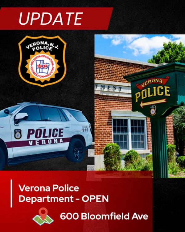 Verona Police Department is officially back at 600 Bloomfield Ave and fully operating as normal.
Thank you to our residents and business community for your patience and understanding during our temporary relocation. We appreciate your continued support and look forward to serving you from our headquarters.
If you need assistance, please contact us as you always have. Stay safe, Verona.
#veronapd #vpd #veronapolice