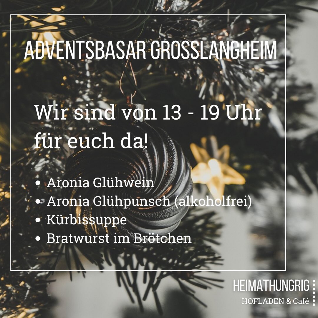 Herzliche Einladung zum Adventsbasar in Großlangheim! 🌟
Wann?
1. Advent, am Sonntag, den 30.11.2025
Wir sind von 13-19 Uhr für euch da.
Im Hof findet ihr wieder den Verkauf von Weihnachtsbäumen 🌲
Wir freuen uns auf euren Besuch! ✨