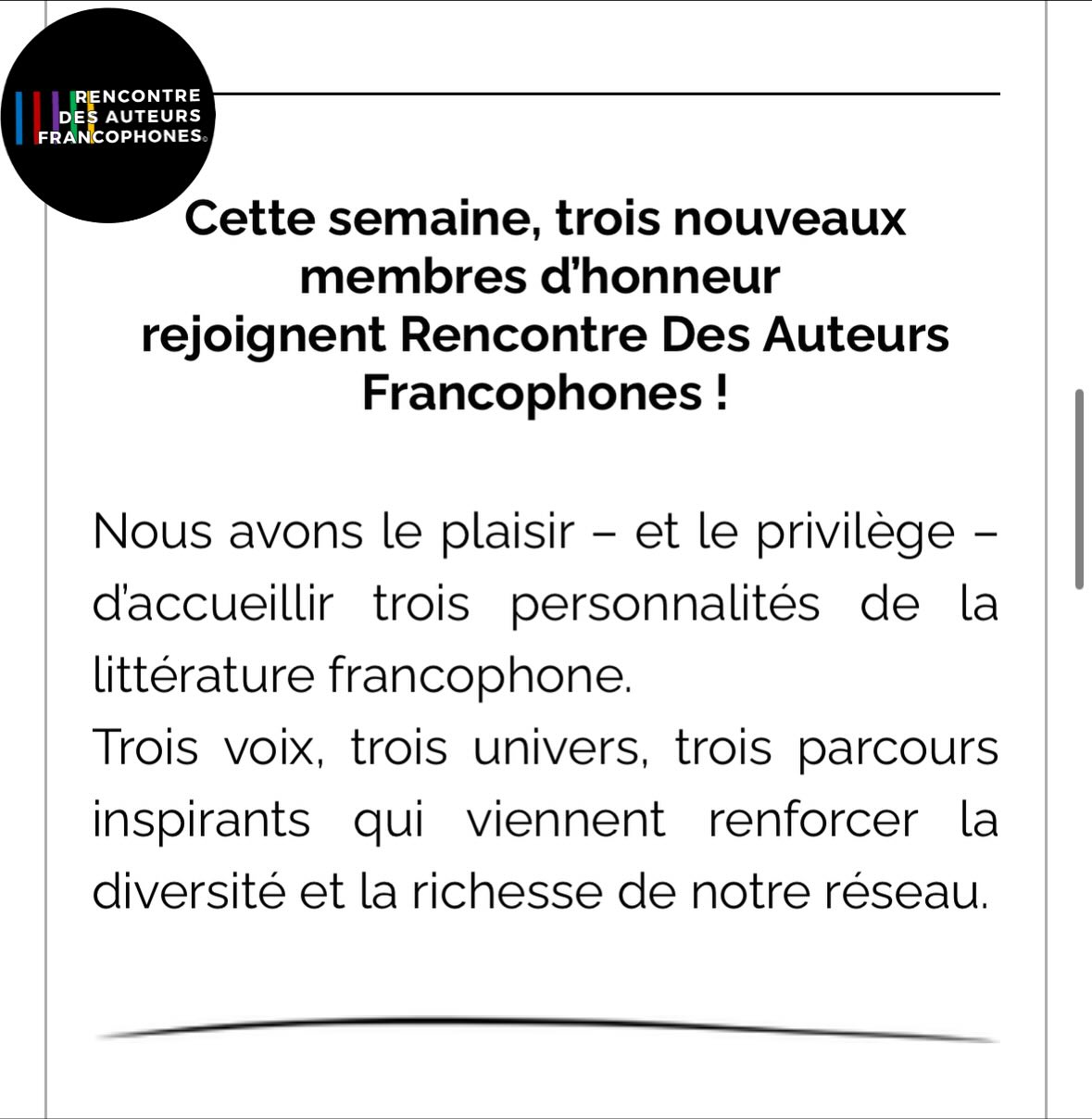 Rencontre des Auteurs Francophones accueille 3 nouveaux membres d’honneur !
Lise Bourdeau, la Québécoise aux 9 millions de livres vendus.
Catherine Van Offelen, la philosophe française qui nous permet de s’interroger sur le monde
Alain Teulié riche d’un parcours artistique varié et passionnant
Découvrez les trois nouveaux membres d’honneur qui ont accepté de nous rejoindre cette semaine.
Un grand merci à Annie Depont, Valérie Girou et Sandrine Ninet Leandri de leur avoir présenté le réseau et ses missions.
https://www.rencontredesauteursfrancophones.com/so/f1Ph0L3sw?languageTag=en