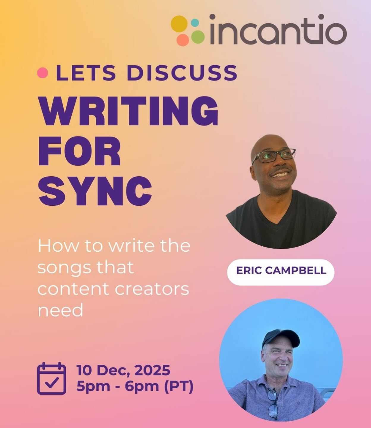 Incantio is thrilled to present: Writing for Sync with @ericmakesmusic
Want to get your music placed in TV shows, films, and commercials? Join renowned songwriter, producer, and sync expert Eric Campbell (of @ctrlcamp / @sus3music ) as he breaks down the creative and strategic process of writing music that music supervisors actually want.
Learn the structures, themes, and techniques that lead to successful placements! Don’t miss this chance to turn your passion into a placement.
(link in bio)
#Incantio #EricCampbell #SyncLicensing #MusicProduction #SongwriterLife #CTRLCAMP #MusicMasterclass