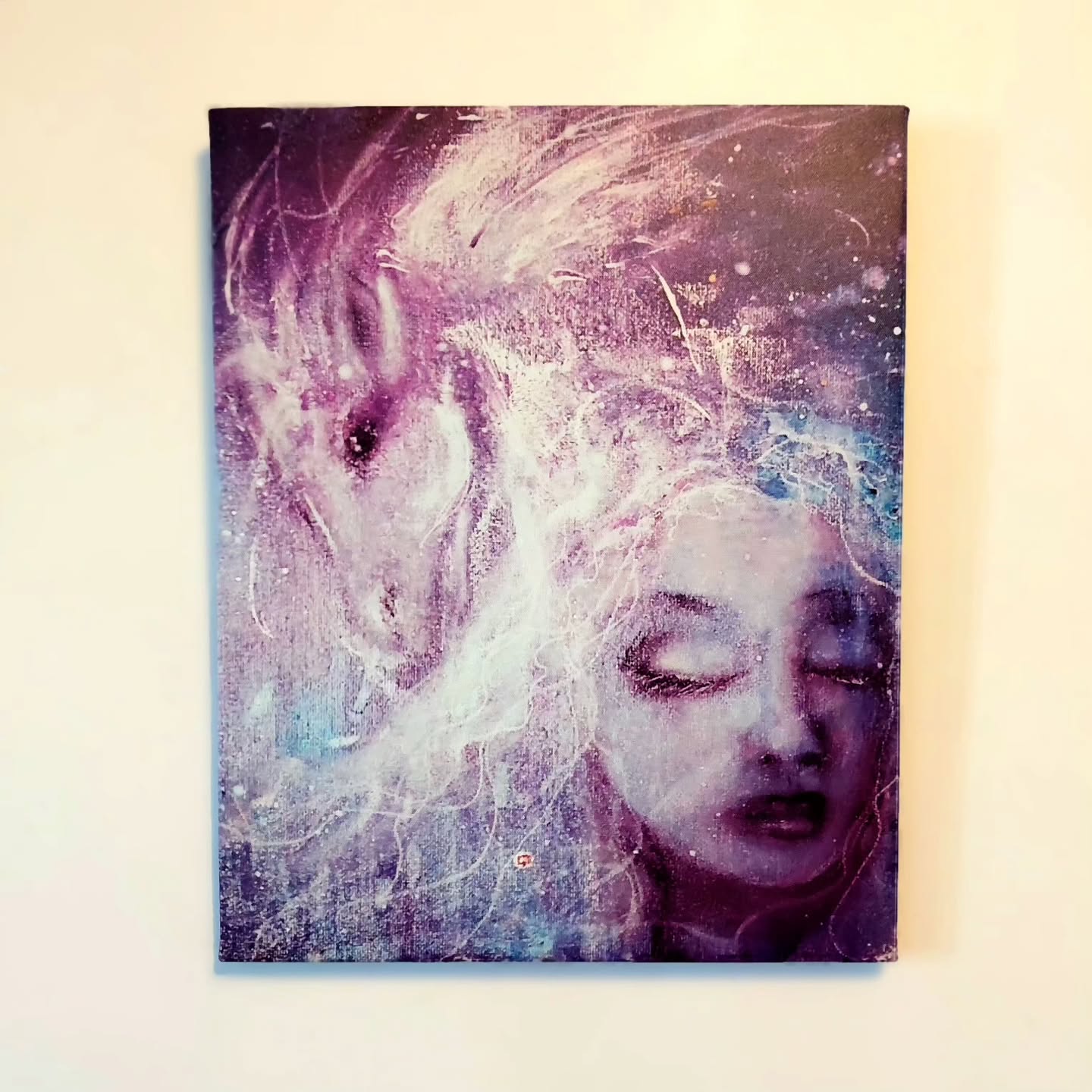 Ooh...the second 16x20 canvas print of 2025 is in! Detail of "The Believer"; I'm in love, even her eyelashies are clear and ink splashies faithfully reproduced. When upsizing from a smaller image it's always a gamble, so I'm geeking out as I really wanted one of my own. If you'd like to order this girl and her dragon or any other painting in time for Christmas, this is your week. $95 and shipping. The original (12x12) might still be available at Boothbay Regional Art Foundation Gallery, not sure, but you can give 'em a jingle. Only $125 for the real thing, which is much darker (no light adjustment) and metallic (gold underpainting and mica spray). That's it!
#wallart #reproduction #canvasprint #dragon #fantasyart #cybermonday #holidaygifts