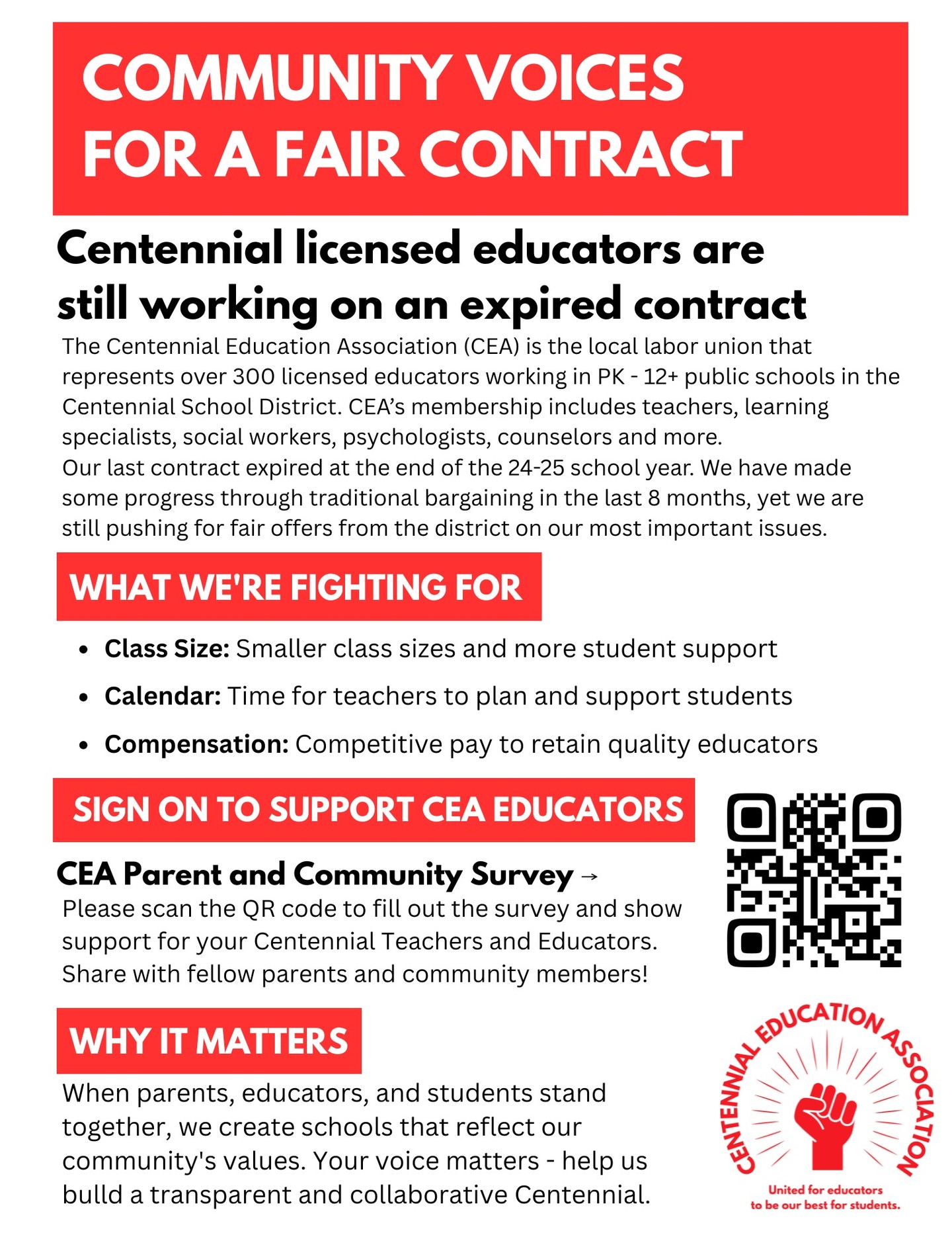 Parents and families in the Centennial community, we want your input! Please take a moment to complete a short survey to share with our Centennial educators your top priorities in the future of our district. Link is in our bio and stories!
The flier pictured in this post will be distributed for posting during parent teacher conferences this week at our Elementary and Middle school buildings.
The survey is available in English, Spanish, Russian and Ukrainian. Please share with fellow parents and members of the community to help us get the word out!