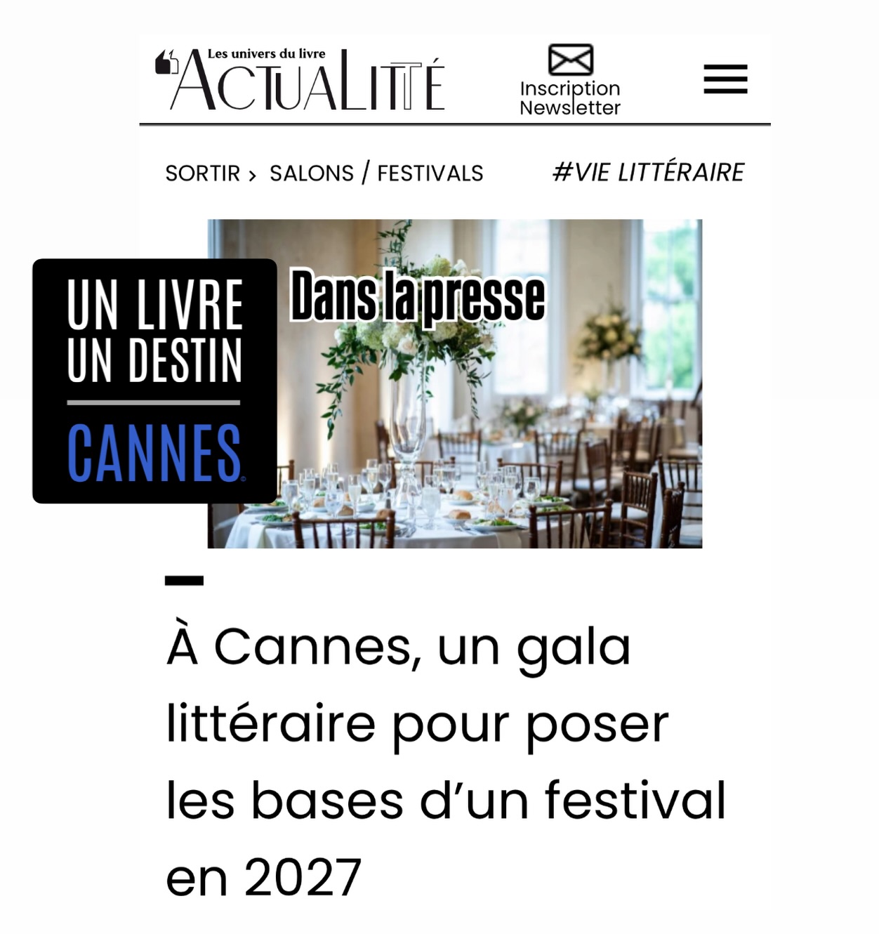 Dans la presse / Gala UN LIVRE I UN DESTIN / Carlton Cannes 15 janvier.
Dans le quotidien littéraire Actualitte ce matin, découvrez le lancement de ce nouveau Festival littéraire.
https://actualitte.com/article/128209/salons-festivals/a-cannes-un-gala-litteraire-pour-poser-les-bases-d-un-festival-en-2027#google_vignette
#rencontredesauteursfrancophones #unlivreundestin
