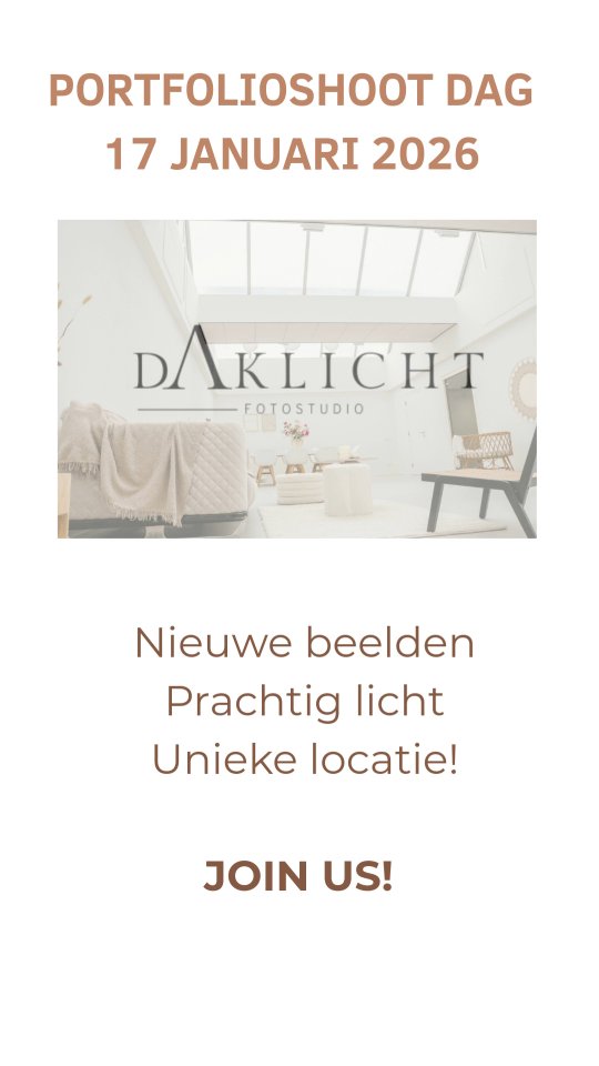 Boost je portfolio in het nieuwe jaar! ✨
📸 17 januari – Portfolioshootdag in de Daklicht Fotostudio
Ben jij klaar om jouw portfolio naar een hoger niveau te tillen?
Tijdens deze speciale shootdag werk je met diverse modellen: zwangerschapsfotografie, gezinsfotografie, kinderfotografie en fashion – perfect om jouw stijl te versterken of nieuw werk te creëren.
✔️ Unieke locatie met prachtig natuurlijk daklicht
✔️ Veel props & stylingmogelijkheden
✔️ Inspirerende sfeer met andere fotografen
Reageer met: “Ik ontvang graag informatie”!
‼️‼️ LET OP ‼️‼️ ER IS MAAR PLEK VOOR 6 FOTOGRAFEN! Wacht niet te lang!
#portfolioshootdag #fotografen #fotografieevent #daklichtstudio #zwangerschapsfotografie #newbornfotografie #gezinsfotografie #kinderfotografie #modelfotografie #fashionshoot #brandshoot #creativephotography #photographerscommunity #portfolioopbouwen #fotograafnl #fotografieworkshop #studiofotografie #inspiratiedag #creatiefshooten #newyearnewcontent