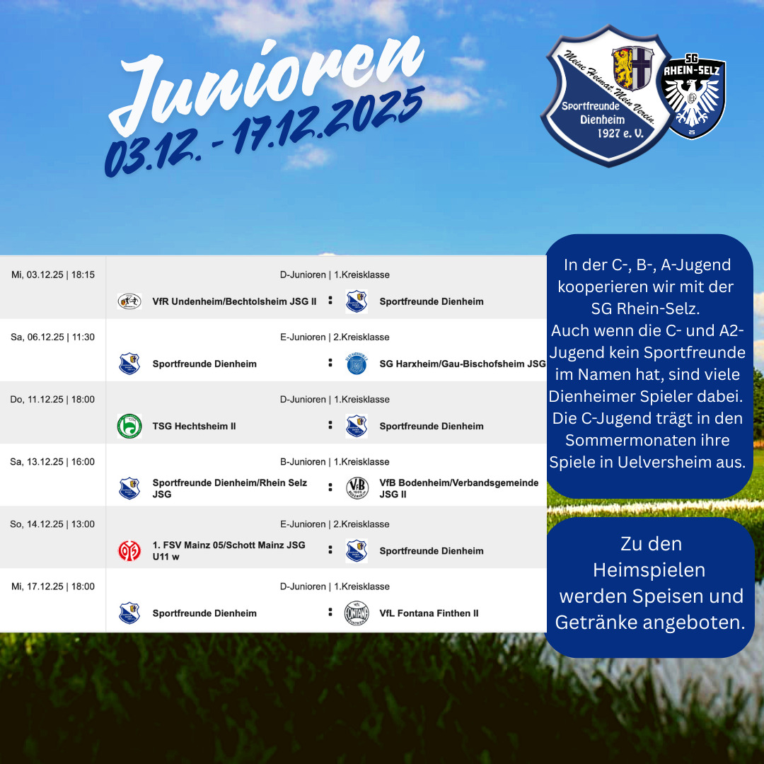 Die letzten Spiele, bevor es in die Winterpause geht - also warm einpacken und unsere Mannschaften lautstark anfeuern!
#dienheim #sportfreunde #meineheimatmeinverein #fussballliebe