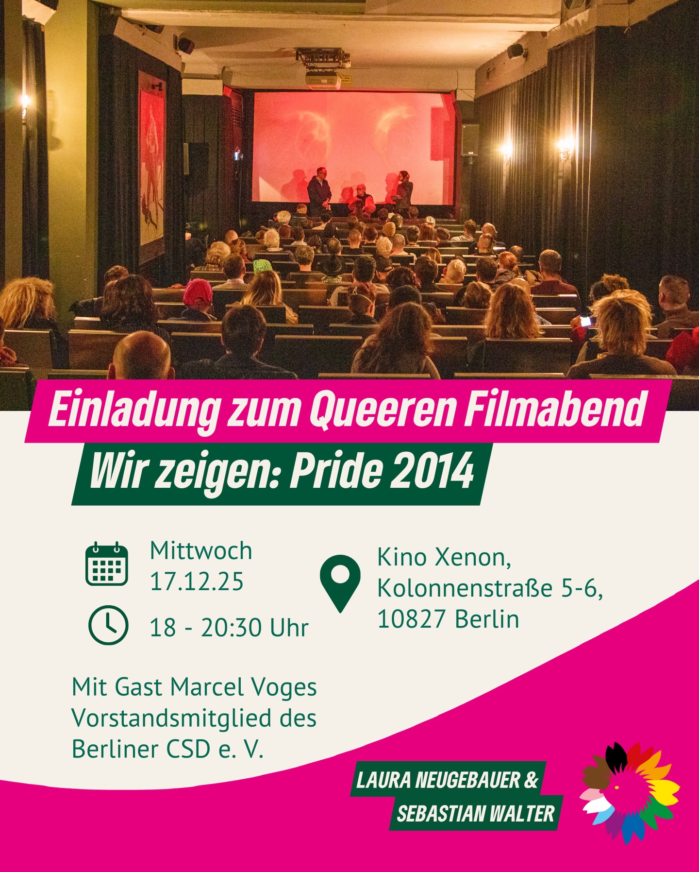 Am 17. Dezember 2025 laden wir euch herzlich zu einem besonderen Abend voller Gemeinschaft, Inspiration und queerer Geschichte ein. Wir treffen uns um 18 Uhr im Xenon Kino, um gemeinsam den preisgekrönten Film „Pride“ zu schauen – eine bewegende, humorvolle und wahre Geschichte darüber, wie queere Aktivist*innen und walisische Bergarbeiter*innen 1984 eine unerwartete Allianz bildeten.
„Pride“ zeigt eindrucksvoll, wie Mut, Solidarität und das Überwinden gesellschaftlicher Grenzen echte Veränderung schaffen können. Trotz Vorurteilen und politischem Druck entsteht ein Bündnis, das beide Seiten stärkt und bis heute als Symbol für die Kraft solidarischer Bewegungen gilt. Der Film erinnert uns daran, wie wichtig es ist, füreinander einzustehen – damals wie heute.
Als besonderen Gast begrüßen wir Marcel Voges, Vorstandsmitglied des Berliner CSD e.V. Gemeinsam wollen wir über aktuelle queere Allianzen sprechen, über Herausforderungen, Chancen und darüber, wie wir heute solidarische Kämpfe für soziale Gerechtigkeit gestalten können.
Wir – Laura Neugebauer und Sebastian Walter, queerpolitische Sprecher*innen der Grünen Fraktion im Abgeordnetenhaus von Berlin – freuen uns sehr darauf, mit euch ins Gespräch zu kommen und gemeinsam einen Abend voller Empowerment, Austausch und guter Laune zu erleben.
🎥 „Pride“ (2014) – Deutsche Fassung
📅 Mittwoch, 17. Dezember 2025
🕕 18:00 – 20:30 Uhr
📍 Xenon Kino, Kolonnenstraße 5–6, 10827 Berlin
🍿 Eintritt frei – Popcorn & Eis inklusive!
Den Link zur Anmeldung findest du in unseren jeweiligen Bios.