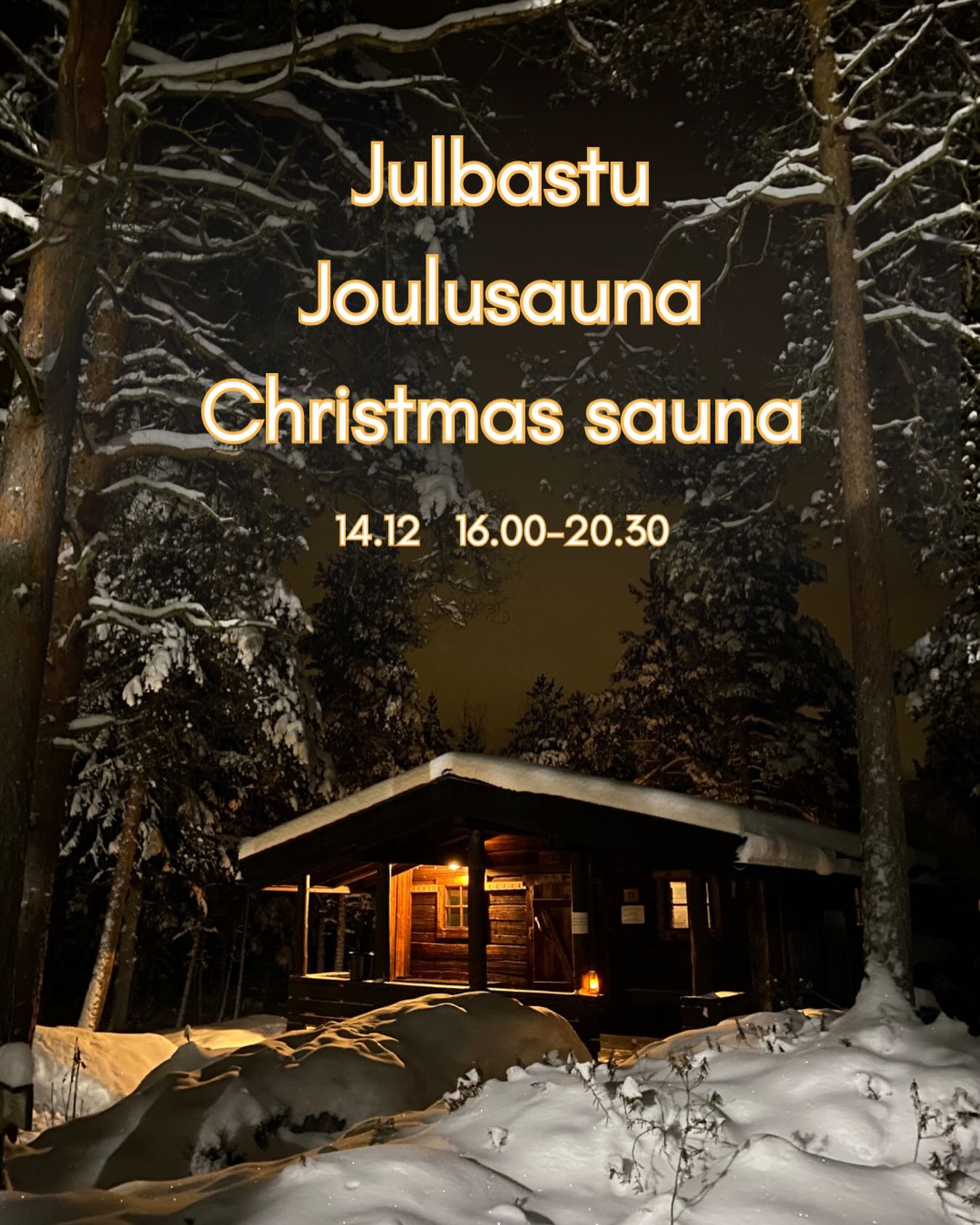 🇸🇪 Söndagen den 14.12 har du möjlighet att bada julbastu i Nanoqs mysiga rökbastu. Lägerelden är tänd vid vindskyddet och det finns korv till salu.
Tre bastuturer ordnas:
⏱️ 16:00-17:30 mixed
⏱️ 17:30-19:00 mixed
⏱️ 19:00-20:30 mixed
🎟️ Priser:
Bastu & inträde: 15€
Familjebiljett: 35€
📌 Förhandsbokning rekommenderas:
📧 info@nanoq.fi
📞 +358 45 640 1312
Välkommen!
🇫🇮 Sunnuntaina 14.12. sinulla on mahdollisuus käydä joulusaunassa Nanoqin tunnelmallisessa savusaunassa. Nuotio on sytytetty laavulla ja makkaraa on myynnissä.
Kolme saunavuoroa järjestetään:
⏱️ 16:00–17:30 sekavuoro
⏱️ 17:30–19:00 sekavuoro
⏱️ 19:00–20:30 sekavuoro
🎟️ Hinnat:
Sauna & sisäänpääsy: 15€
Perhelippu: 35€
📌 Suosittelemme ennakkovarausta:
📧 info@nanoq.fi
📞 +358 45 640 1312
Tervetuloa!
🇬🇧 On Sunday, December 14th, you have the opportunity to enjoy a Christmas sauna in Nanoq’s cosy smoke sauna. The campfire is lit at the wind shelter, and sausages are available for purchase.
Three sauna sessions will be arranged:
⏱️ 16:00–17:30 mixed
⏱️ 17:30–19:00 mixed
⏱️ 19:00–20:30 mixed
🎟️ Prices:
Sauna & admission: 15€
Family ticket: 35€
📌 Advance booking is recommended:
📧 info@nanoq.fi
📞 +358 45 640 1312
Welcome!
