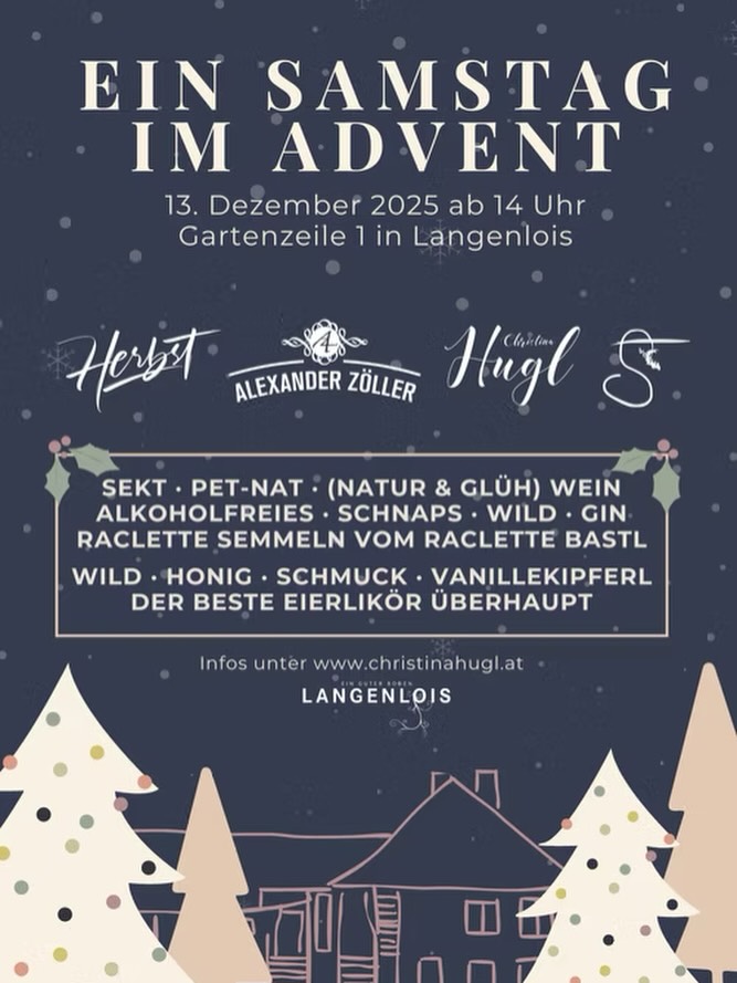 Am 13. Dezember ab 14 Uhr öffnen wir, Christina Hugl, Robert Herbst und Alexander Zöller in der Gartenzeile 1 in Langenlois unsere Türen und laden euch ein, mit uns einen ruhigen, stimmungsvollen Adventnachmittag zu verbringen.
Wir verwöhnen euch mit Sekt, Pet-Nat, Wein und Naturweinen, wärmen euch mit Glühwein, und schenken Schnaps und Gin für besondere Genussmomente ein. Dazu reichen wir Weihnachtskekse, zeigen handgemachten Schmuck und bereiten die Raclette-Semmeln vom Raclette Bastl frisch für euch zu.
Lasst uns gemeinsam verweilen, anstoßen, plaudern und die vorweihnachtliche Zeit in ihrer schönsten Form genießen. 🎄✨