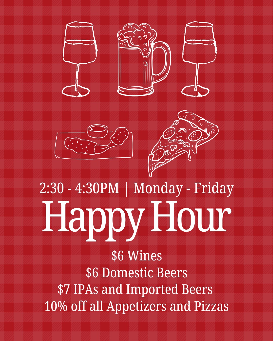 Join us for HAPPY HOUR 🍷 at Mom's Pizza & Pasta!
Join us for an early dinner, late lunch, or an after-work wind-down!
⏰ WHEN: Monday - Friday | 2:30 PM to 4:30 PM
🍺 $6 Domestic Beers
🍻 $7 IPAs and Imported Beers
🍷 $6 Select Wines
✨ 10% OFF All Appetizers and Pizza
🎄 Holiday Closures
Please note we will be closed on:
* December 24th
* December 25th
* January 1st
📍3422 Tripp Ct A1, San Diego, CA 92121
#HappyHourSD #SanDiegoEats #SDDeals #PizzaTime