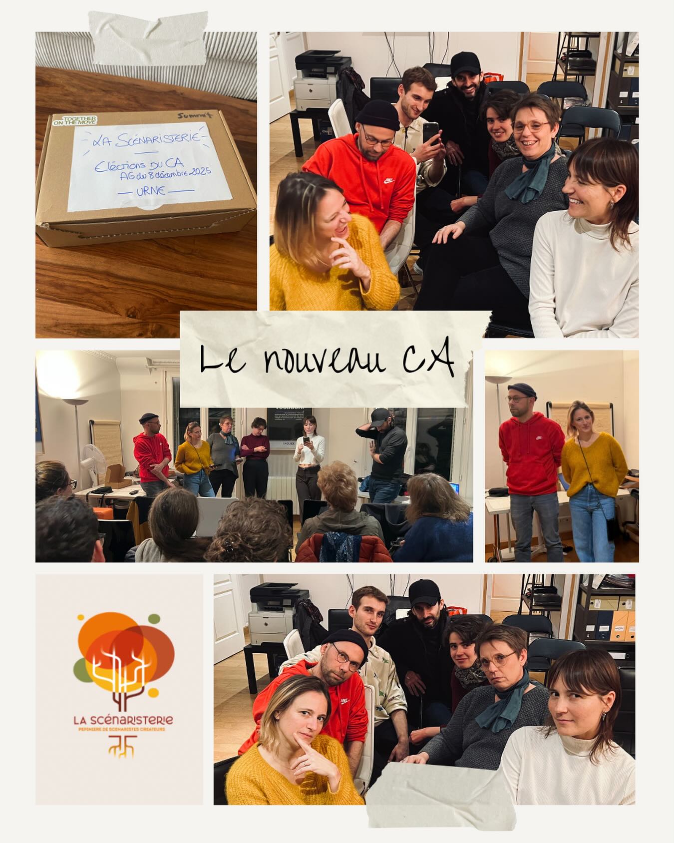 ✨Lundi soir s’est tenue l’Assemblée Générale de La Scenaristerie ✨
L’occasion de faire un bilan des activités passées et des perspectives pour l’année à venir. Un nouveau CA a été élu avec une nouvelle entrante. Il est composé de :
Anastasia Feuillet & Emilie de Monsabert - co-présidentes
Philippe Kastelnik - Trésorier
Sebastien Perret & Cécile Dubost - co-secrétaires
Margaux Dieudonné
Alexandre Labarussiat
David Le Meur
Émilie Dubois (new)
Un grand merci à Camille Apard @camilleapd qui quitte le CA après de nombreuses années à s’investir et trois ans de co-présidence, mais qui continuera à œuvrer au sein du comité pédagogique 🤘
Merci aussi à nos précieux partenaires : le CNC, la Région Île-de-France, la SACD. Et merci à La Guilde de nous avoir prêté ses bureaux 🙏
@le_cnc @iledefrance @sacdparis
PS : il manque David Le Meur et Émilie Dubois sur la photo de classe mais ils avaient de bonnes excuses.
@_anastasia_f @demonsabertemilie @p.kastelnik @sebastien_perret @ceciledubost @margaux_dieudonne @alabarussiat @dlmfilms @adrammalek
