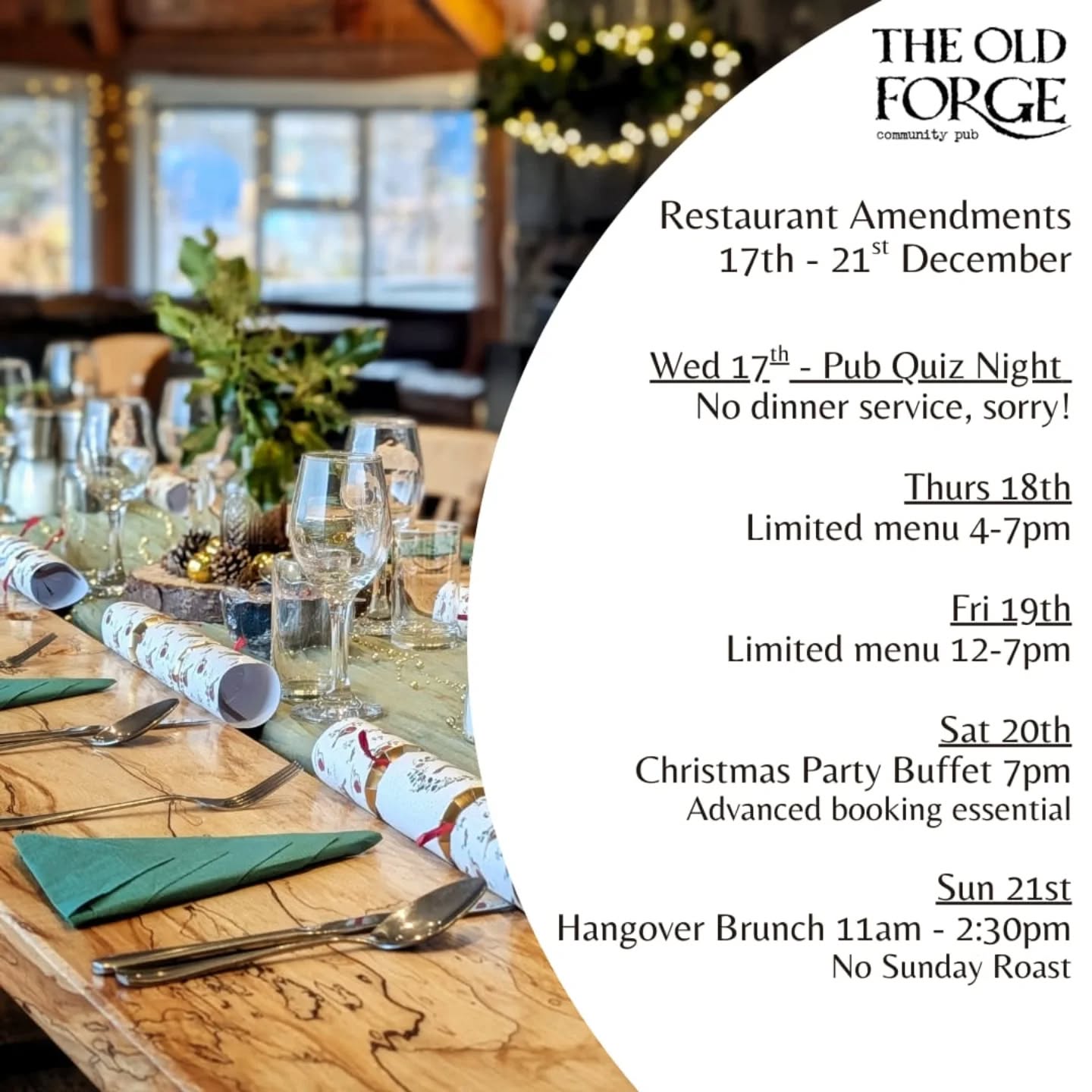We have some changes to restaurant service this week - please note Thurs & Fri we will just have a couple of 'one-pot-wonders' available for any walk-ins.