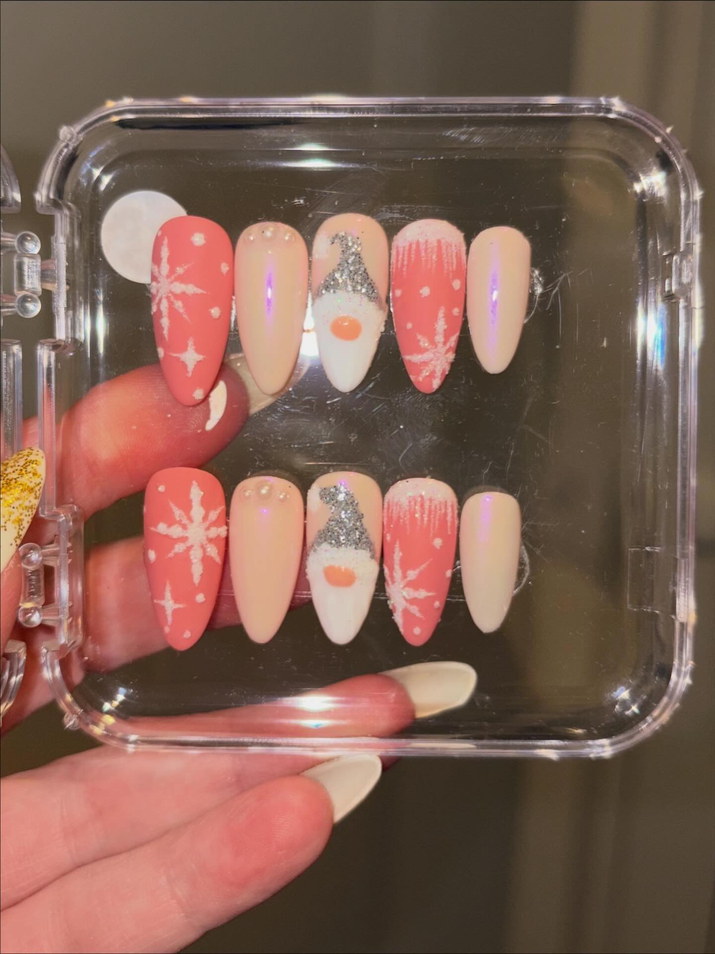 Check out my product! https://www.nailartbyvicky.com/product-page/hand-painted-pink-christmas-gonk-press-on-nails-with-glitter-gnome-nail-art