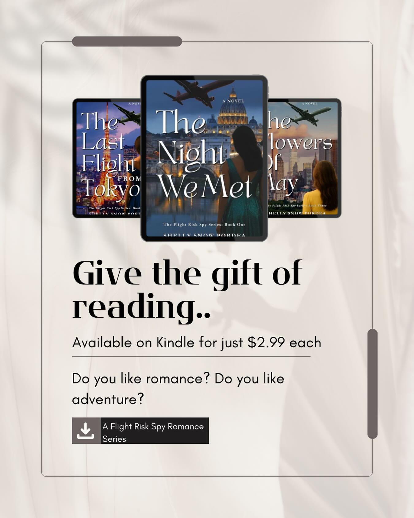 Books in the Series:
✈️ The Night We Met – One encounter changes Amanda’s life forever. March 2025
✈️ The Last Flight from Tokyo – Amanda’s hunt turns deadly as she races against a ticking clock in Japan. June 2025
✈️ The Flowers of May – Back on home soil, Amanda discovers betrayal blooms closer to home than she thought. September 2025
✈️ Unfollowed – When everything goes offline, Amanda’s past is sure to catch up with her. December 2025
Fasten your seatbelt! This spy series is a trip you won’t want to miss.
#readers #books #reading #flightriskspyseries #adventure