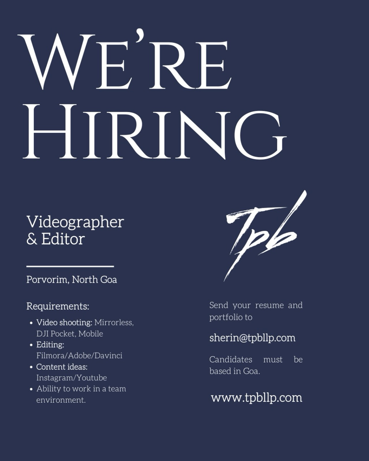 We sell homes. We need someone who can sell the fantasy.
If you can turn raw clips into ‘shut up and take my money’ edits… come home to us.
Apply: sherin@tpbllp.com
#Hiring #WeAreHiring #GoaBased