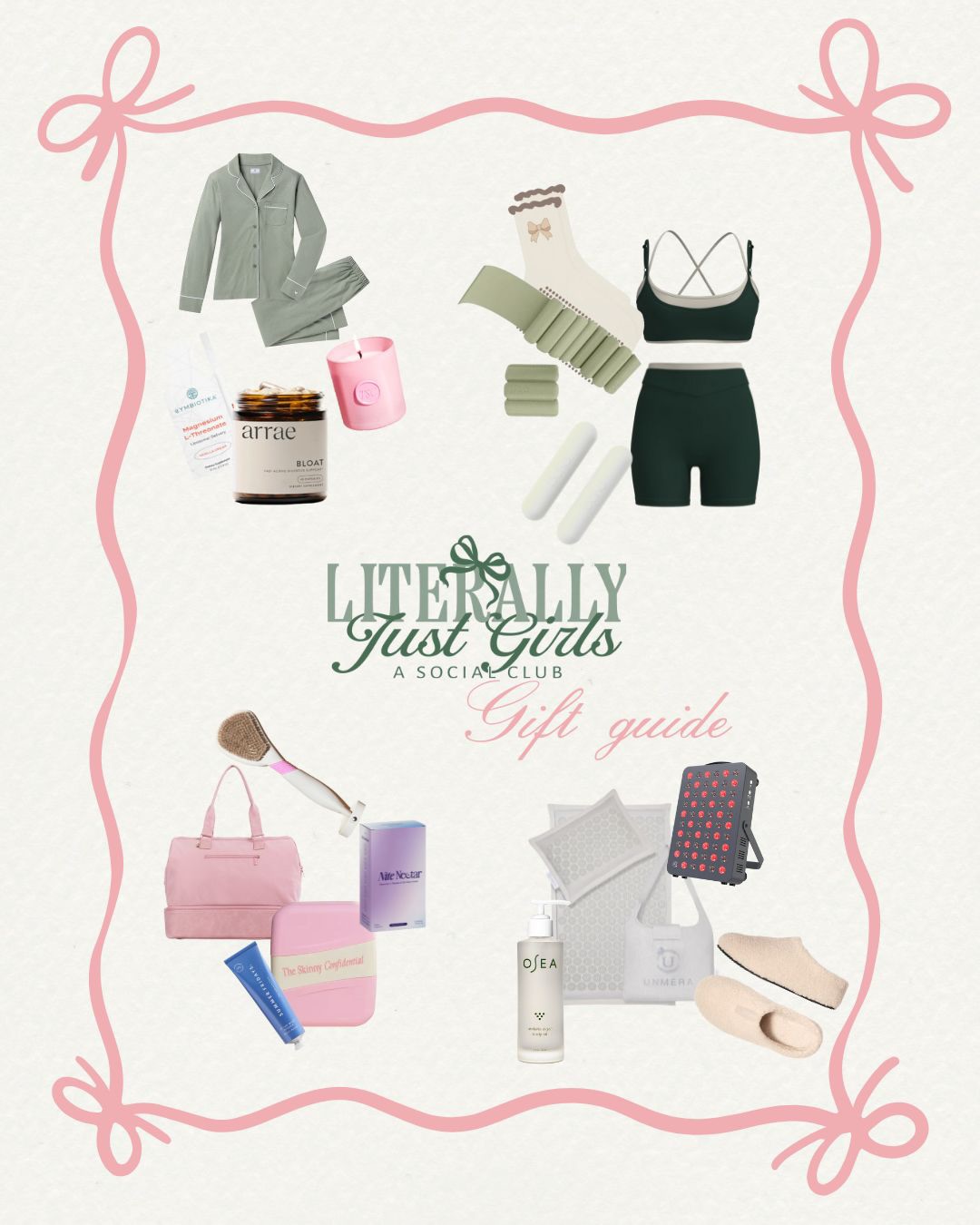 A gift for every girl on your list, and maybe a little something for you too 🎀✨
🧘🏻♀️for the wellness girlie
@hoogahealth red light
@theskinnyconfidential dry brush & mouth tape
@live.momentous supplements
@unmerawellness acupuncture mat
@cymbiotika supplements
@goodinaturals nite nectar
🛬 for the travel girl
@theskinnyconfidential mint ice roller
@beis weekender bag
@summerfridays jet lag mask
@cymbiotika vitamin C packets
@bombas compression socks
@arrae bloat pills
🫖 for the cozy girl
@cozyearth bamboo pajamas set
@lemme chill gummies
@bombas slippers
@sajewellness essential oils kit
@theskinnyconfidential candle
@cymbiotika magnesium spray
🩰 for the pilates girl
@437 wrap too
@solaura_co Pilates socks
@lisbonthelabel layered set
@bala bangles, weights & compact mat
✨What’s going on your wishlist ??