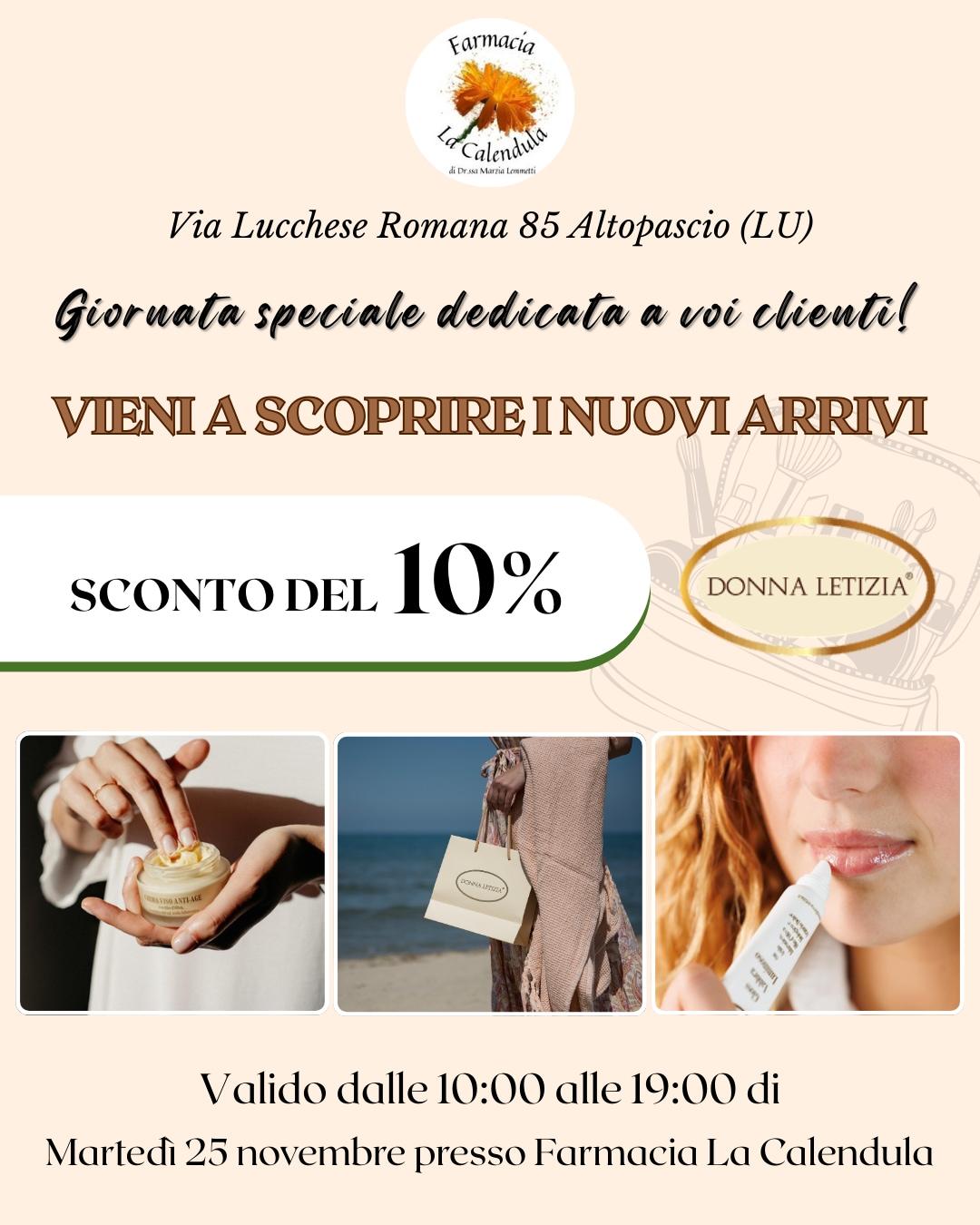 🌿 Una giornata speciale di bellezza e natura! 🌸
Domani, martedì 25 novembre, dalle 10:00 alle 19:00, ti aspettiamo alla Farmacia La Calendula – Via Lucchese Romana 85, Altopascio (LU) – per una giornata dedicata al benessere naturale e alla cura della pelle.
Scopri i prodotti Donna Letizia, lasciati guidare tra i profumi e le texture della nostra linea e approfitta di uno sconto del 10% su tutti i prodotti. ✨
Un’occasione per conoscerci, provare le nostre formulazioni e vivere un momento di autentica bellezza toscana. 💚
📍 Farmacia La Calendula – Via Lucchese Romana 85, Altopascio (LU)
🗓 Martedì 25 novembre | 10:00–19:00
#DonnaLetizia #CosmesiNaturale #FarmaciaLaCalendula #Altopascio #Eventi #BellezzaNaturale #SkincareBio #MadeInItaly #BenessereNaturale