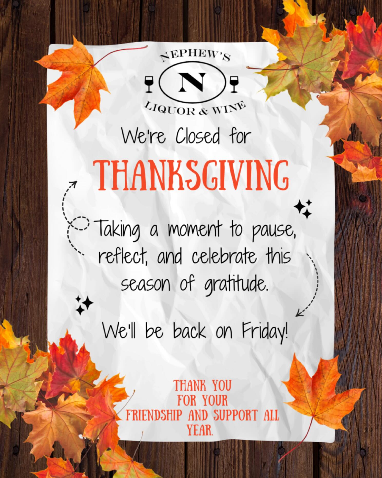🦃 Open regular hours today, 9:00 am- 8:00 pm. 🕰️
We will be closed tomorrow, to allow the Nephew’s Team time to relax and spend time with their loved ones.
It is not possible to put into words how grateful we are for all of the support we receive, all year, in so many ways, from so many of you.
We wish all of you a beautiful holiday filled with love, peace, good health and delicious food. 🙏