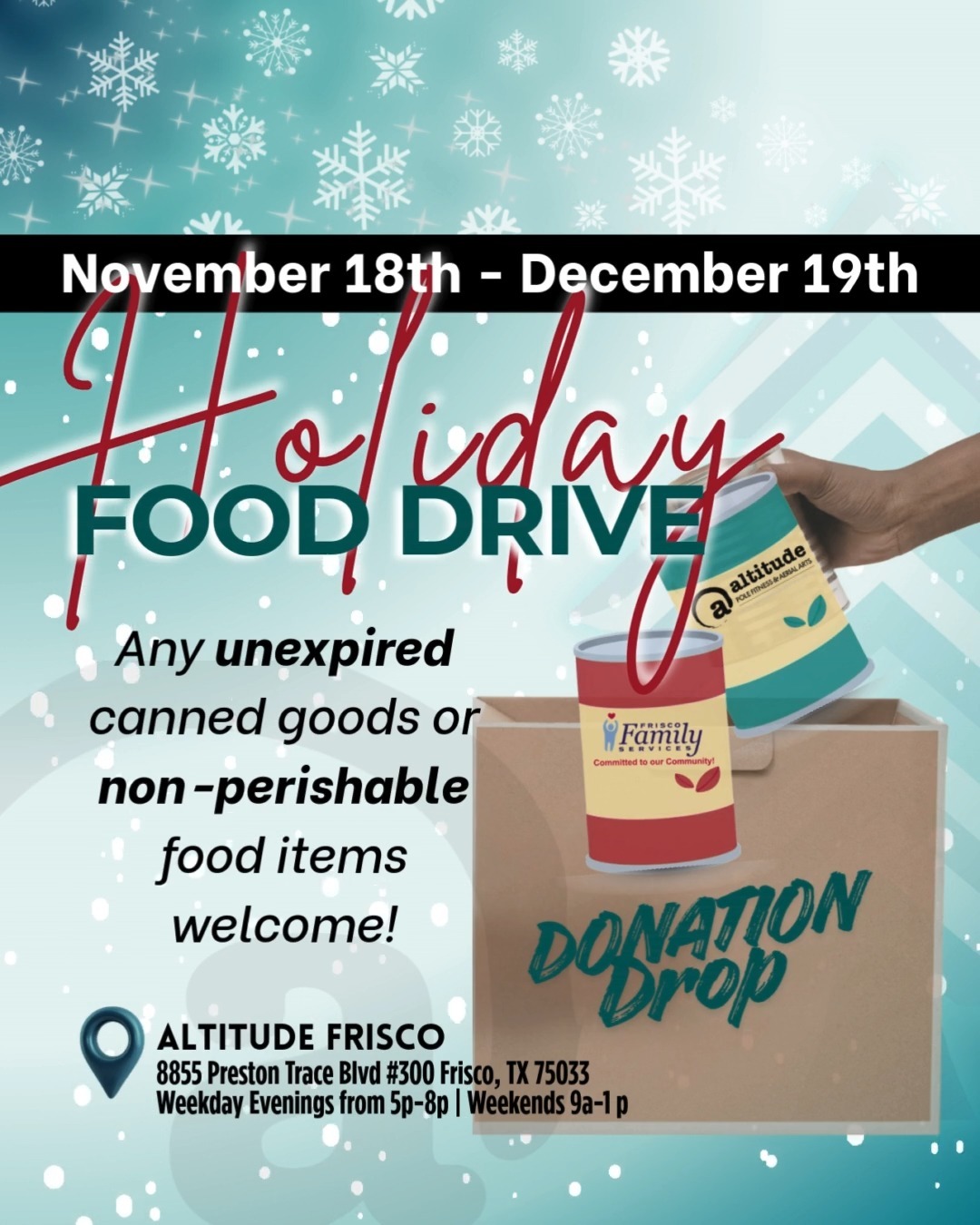✨ Holiday Giving Starts Here ✨
We’re collecting unexpired canned goods + non-perishable items for @friscofamilyservices to help support the local families of Frisco in need this season. Drop something off on your way to class and add a little extra light to someone’s holiday🕯️
Teal hearts, full shelves, big impact💙🥫
#friscofamilyservices #fooddrive #altitudefitnessfrisco #altitudeaerialarts #aerialfitness
