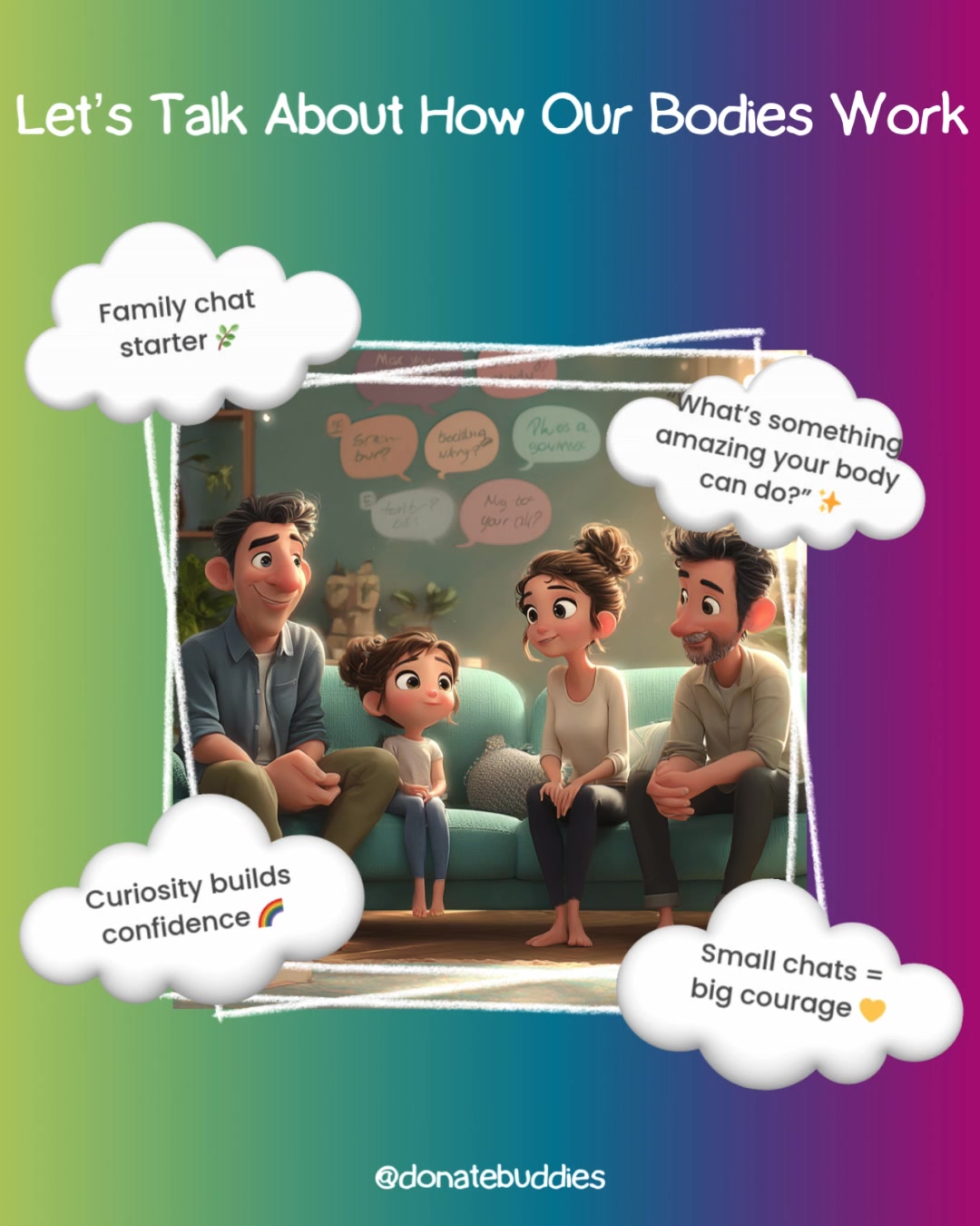 ✨ Thoughtful Thursday 🌿💛
Tonight’s family chat starter:
“What’s something amazing your body can do?”
Kids learn through curiosity — and gentle conversations build confidence, calm, and kindness. 🌈
Save this idea for your next dinner, car ride, or bedtime chat.
#DonateBuddies #ThoughtfulThursday #FamilyChats #KindnessStartsAtHome #KidsHealth #OrganDonationAwareness
⚠️ Disclaimer:
Donate Buddies shares educational content to raise awareness of organ and tissue donation in Australia. It is not medical advice. Please seek guidance from your healthcare professional or transplant team for personal medical concerns.