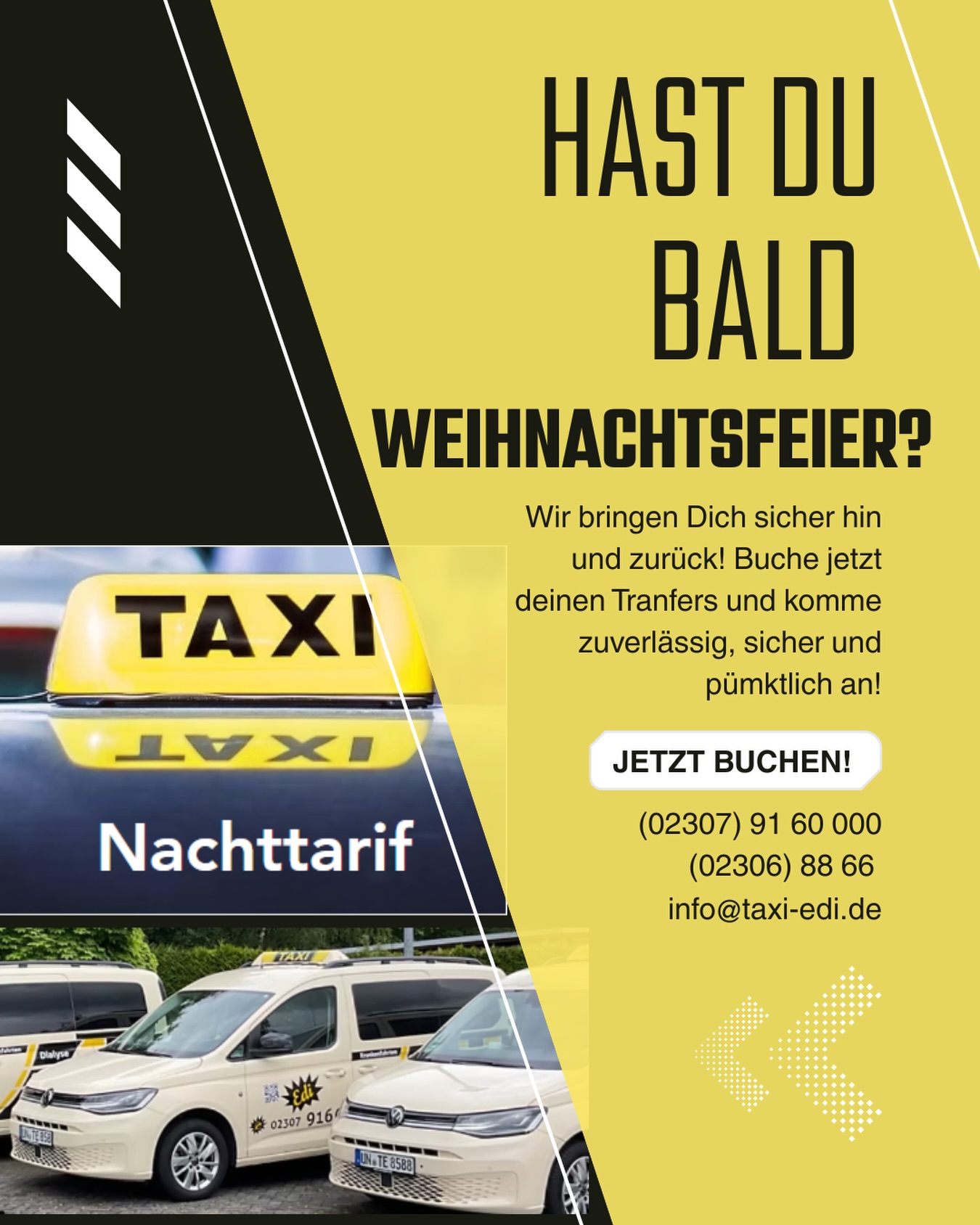 🎄✨ Weihnachtsfeier in Sicht – aber keine Ahnung, wie du hin und zurück kommst?
Kein Problem! Das #TeamEDI bringt dich sicher und zuverlässig zu deiner Feier und natürlich auch wieder nach Hause. 🚕💛
Jetzt Fahrt buchen und entspannt feiern! 🍷🎉
#TaxiEDI #Weihnachtsfeier #SicherUnterwegs #Zuverlässig #Feierabendtour #Fahrdienst #PartySafe #Ruhrgebiet #MobilBleiben 🚖✨