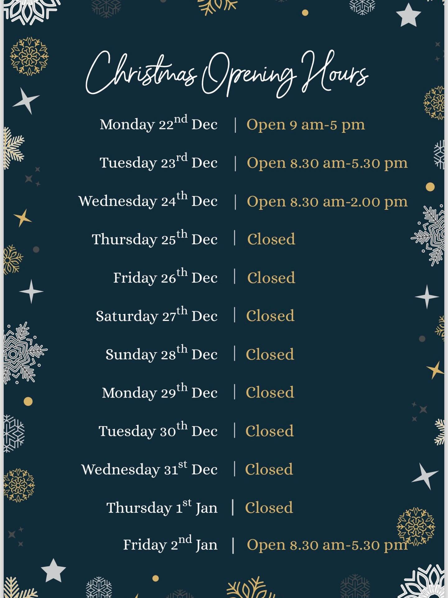 We can almost hear sleigh bells in the distance now, but all our hardworking team will be with you for a few more days before taking a well earned Christmas Break!
Here are our opening times over the festive season.
From all of us at McCrackens, it has been an absolute joy to see both familiar and new faces over the year. It gives us a huge buzz to see you all in your beautiful new glasses and to help you with your eye care.
Our sincerest thanks for all your wonderful support over the year, and wishing you all a lovely Christmas and New Year. 🎅🎄🎁
#uttoxeteroptician
#staffordshireopticians
#uttoxeterchristmas