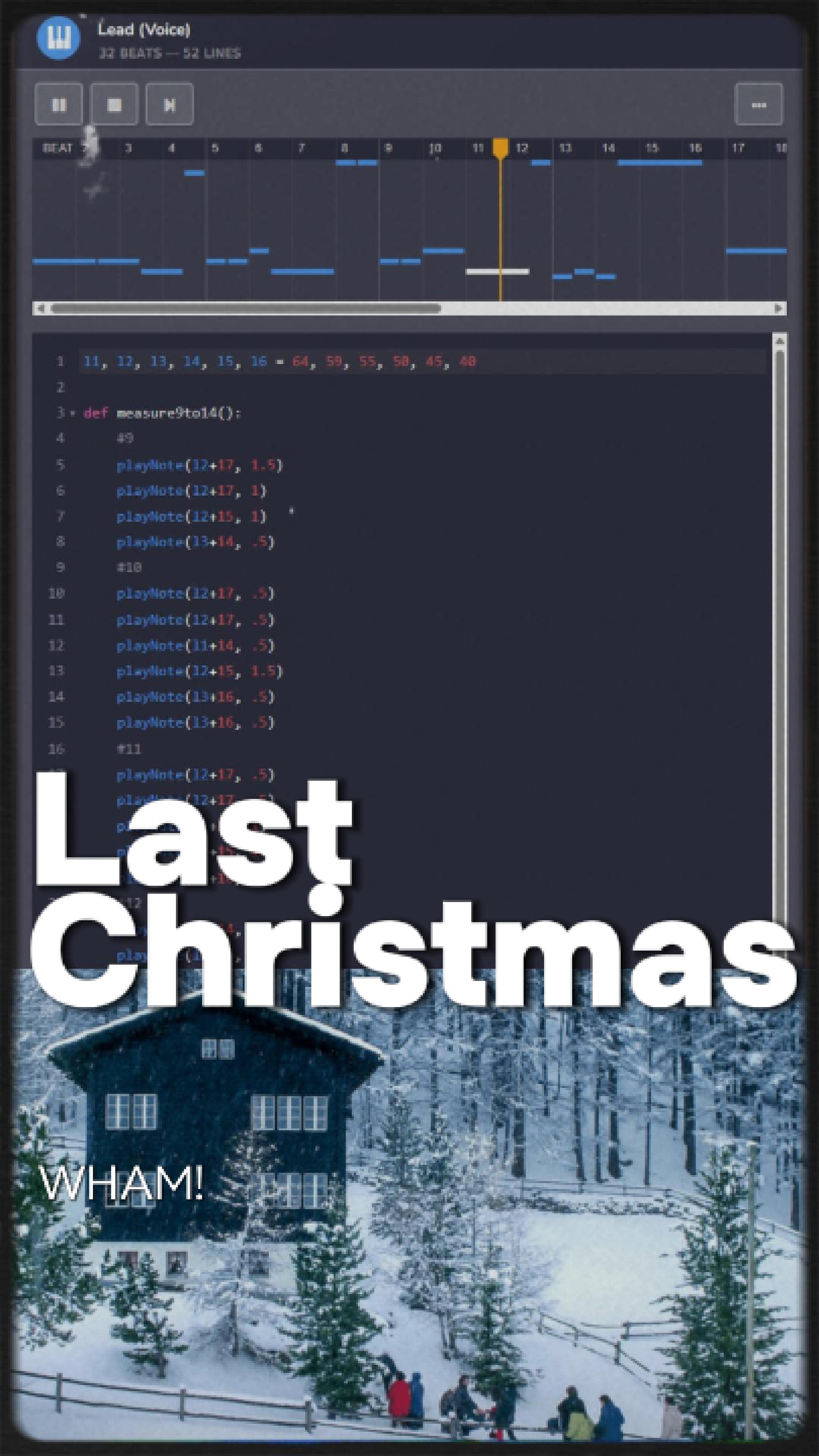 Charlotte coded this little piece — a nostalgic echo of “Last Christmas” by Wham!, reborn through Python and a little holiday magic. We love Christmas , the lights, the memories, the songs that never get old.
#LastChristmas #PythonMusic #CodeArt #beatCode #ChristmasVibes