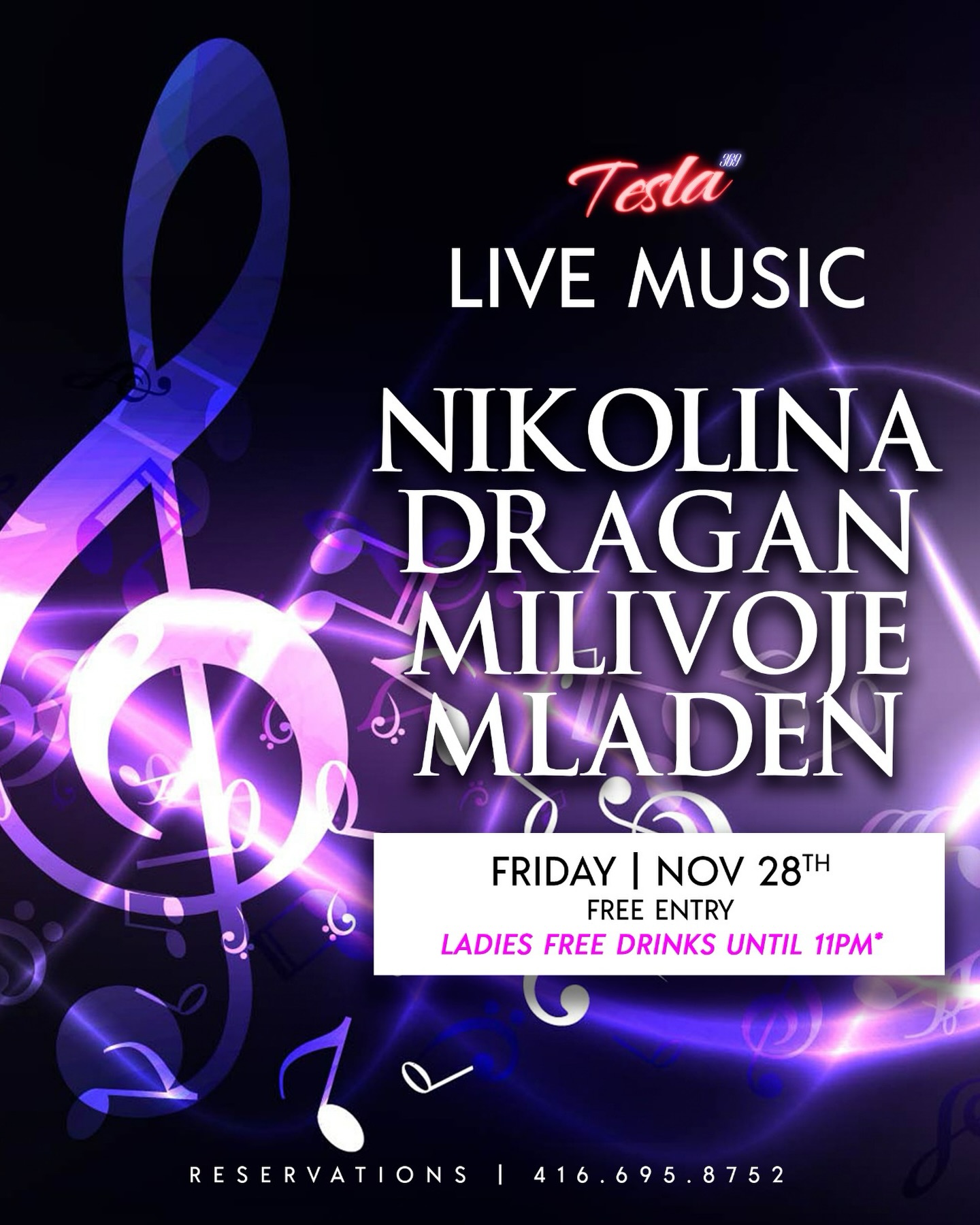 Live music this Friday at Tesla! 🎶🎤 *Ladies drink for free until 11PM! 🥂💃 See you all there!! 😎