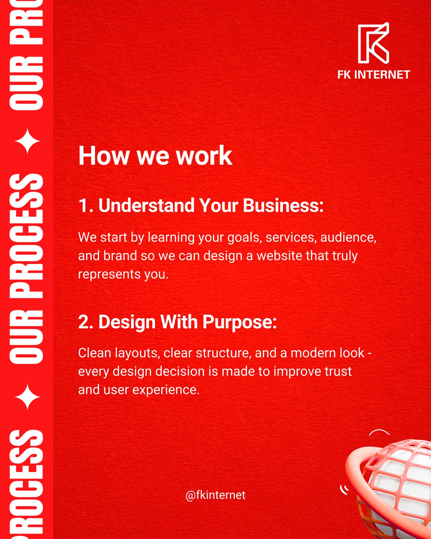 💻✨Great websites don’t happen by accident — they come from a clear, simple, and thoughtful process.
We learn your goals, design with intention, build for performance, and launch with care.
Just a smooth process from start to finish.
1️⃣ Understand Your Business:
We study your goals, audience, and services to build a website that truly represents you.
2️⃣ Design With Purpose:
Clean layouts, modern visuals, and user-focused structure — everything is designed to build trust.
3️⃣ Build for Performance:
Fast, mobile-friendly, and easy to navigate so customers find what they need instantly.
4️⃣ Launch & Support:
We launch your website with care and stay available for future updates or help whenever you need it.
Let’s bring your website to life — the easy way. 🚀
#FKInternetProcess #webdesignjourney #websiteforbusiness #modernwebdesign #builtforperformance