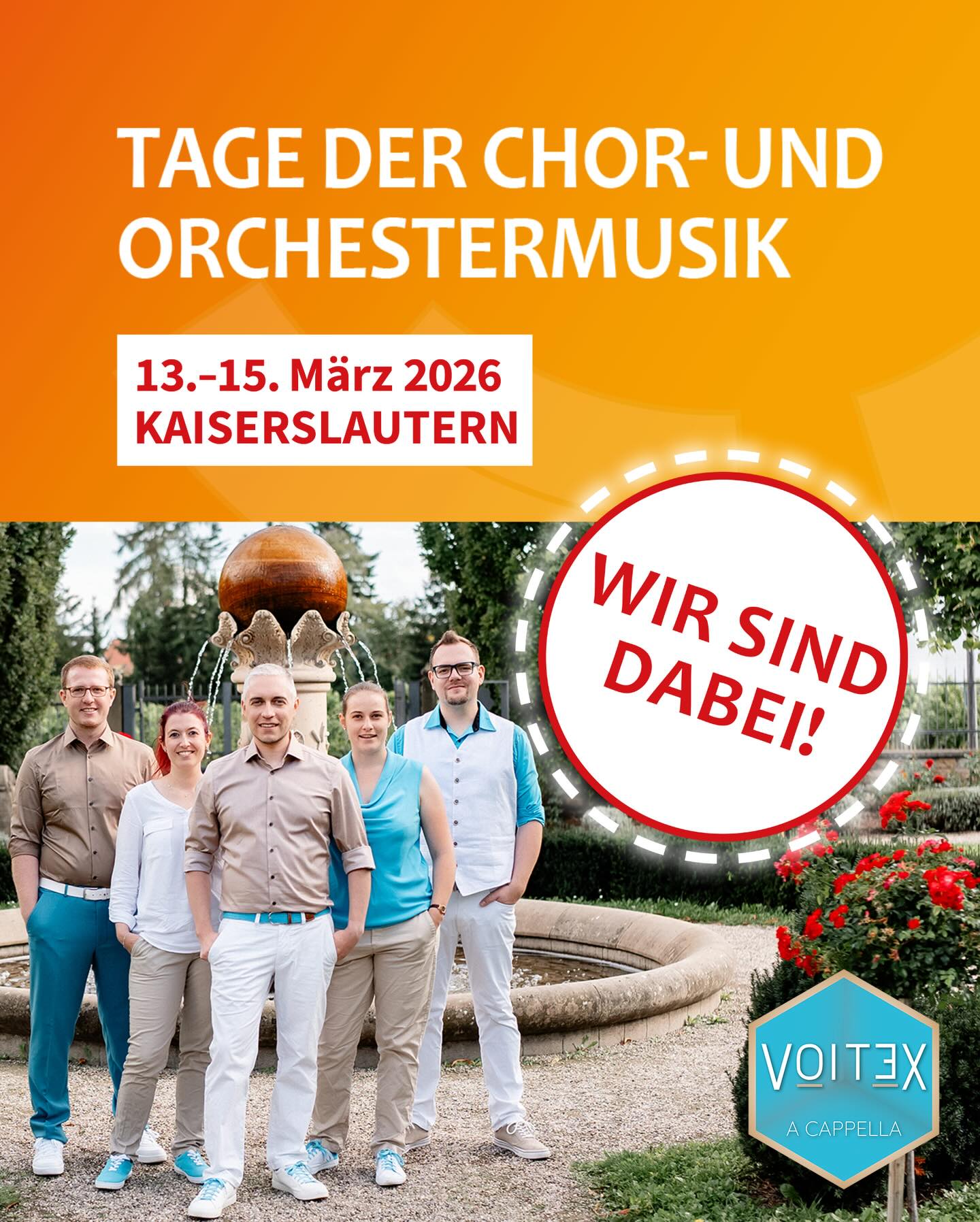 🎤 VOITEX live bei den Tagen der Chor- und Orchestermusik!
📍 Fruchthalle Kaiserslautern
🗓 13. März 2026 – 19:30
📍 Luther Music Club
🗓 14. März 2026 – 19:45 & 23:00
Gute Stimmung, gute Musik! Kaiserslautern, wir freuen uns auf euch.
Alle Infos: voitex.org
#tcom #tcom2026 #kaiserslautern #bmco #musikverbindet #kulturellevielfalt #wirsinddiemusik #acappella #vocalpop #VOITEX