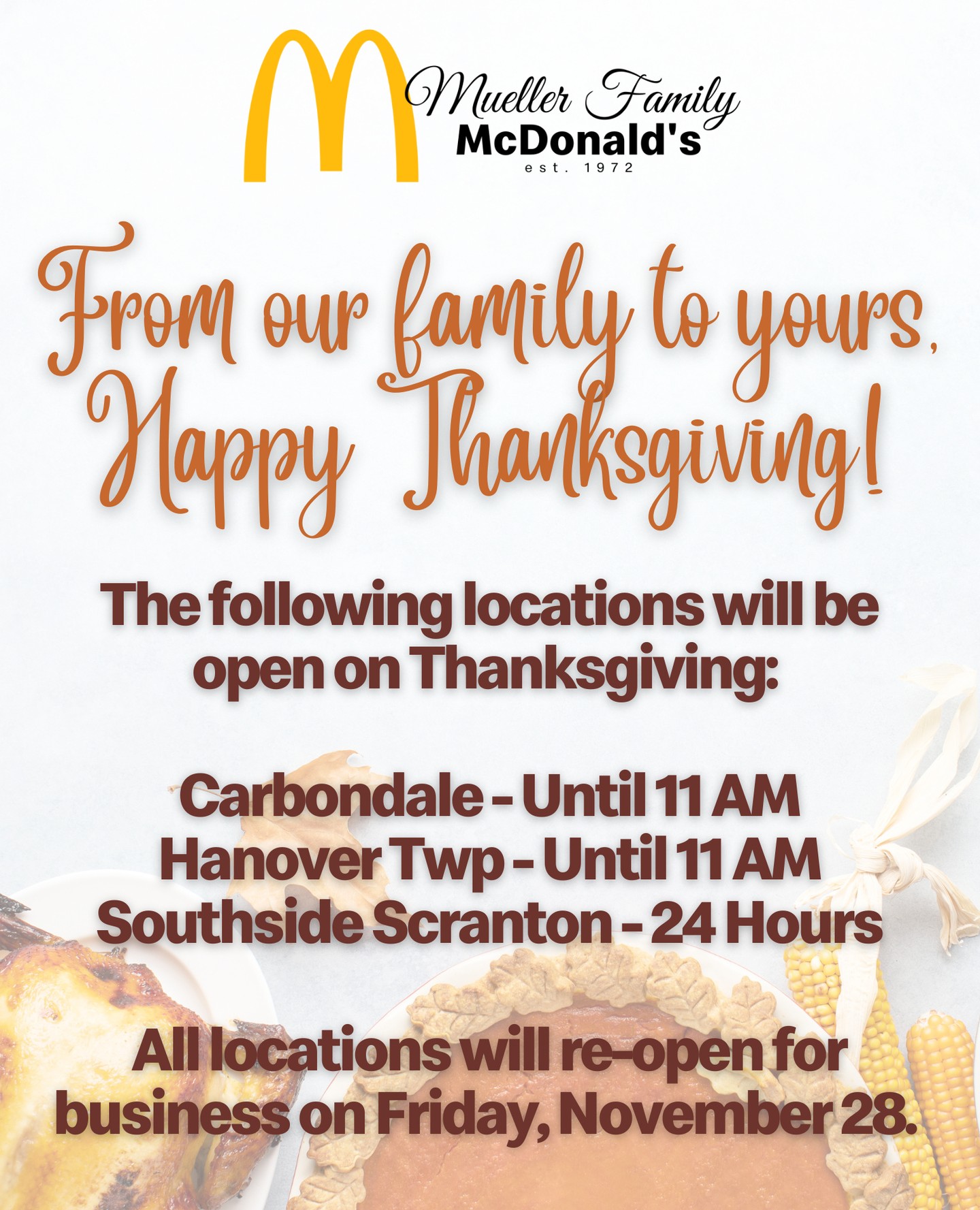 🦃🍗 Happy Thanksgiving from the Mueller Family McDonald's team! 🍗🦃